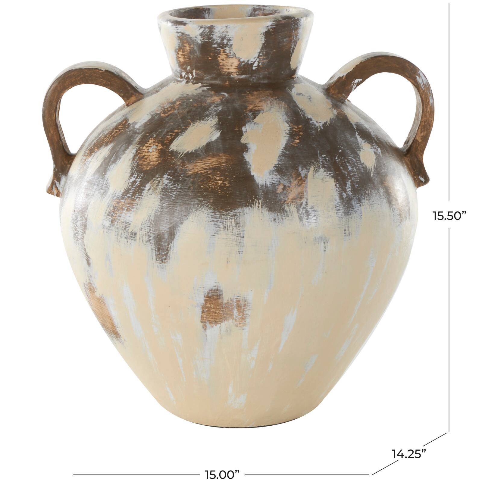 16" Cream Ceramic Antique Style Pot Vase with Arched Handles