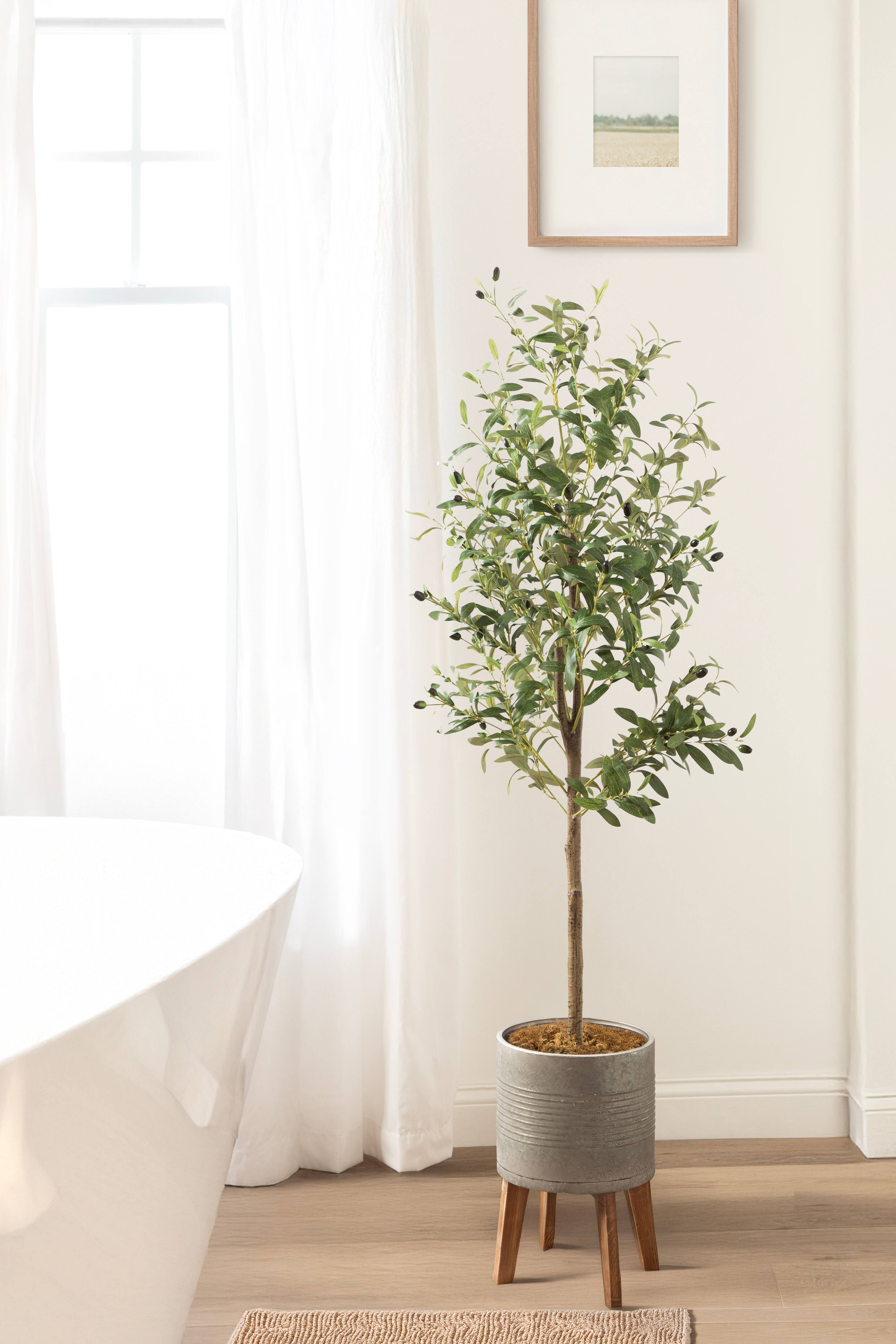 Kate and Laurel 5ft. Green Oliveira Faux Olive Tree with Gray Planter