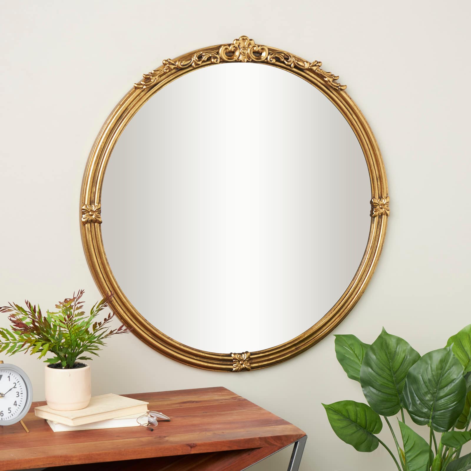 36" x 35" Gold Scroll Layered Floral Accents Metal Framed Wall Mirror