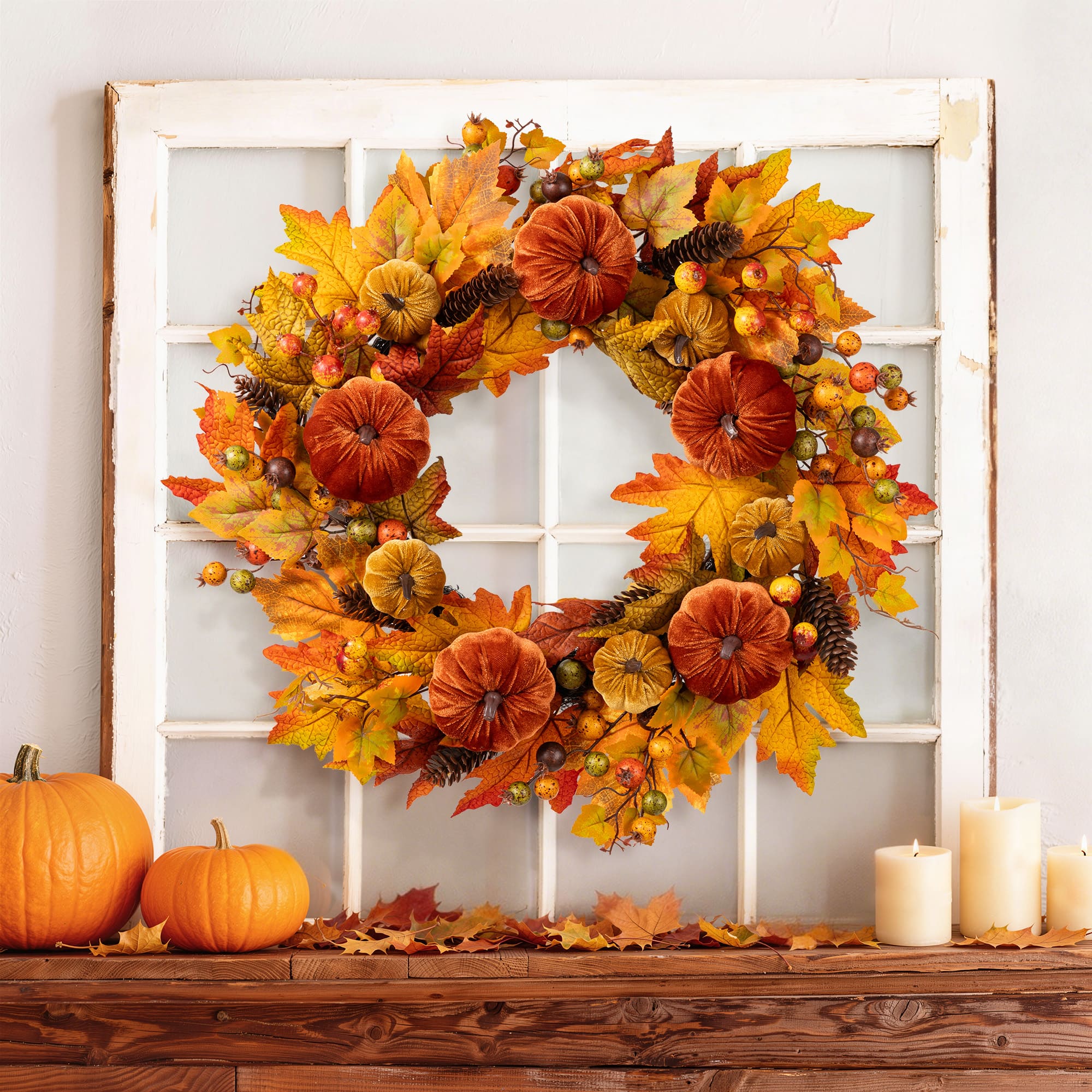 Glitzhome® 24" Fall Velvet Pumpkin, Pinecone & Berry Wreath with Black Metal Wreath Hanger