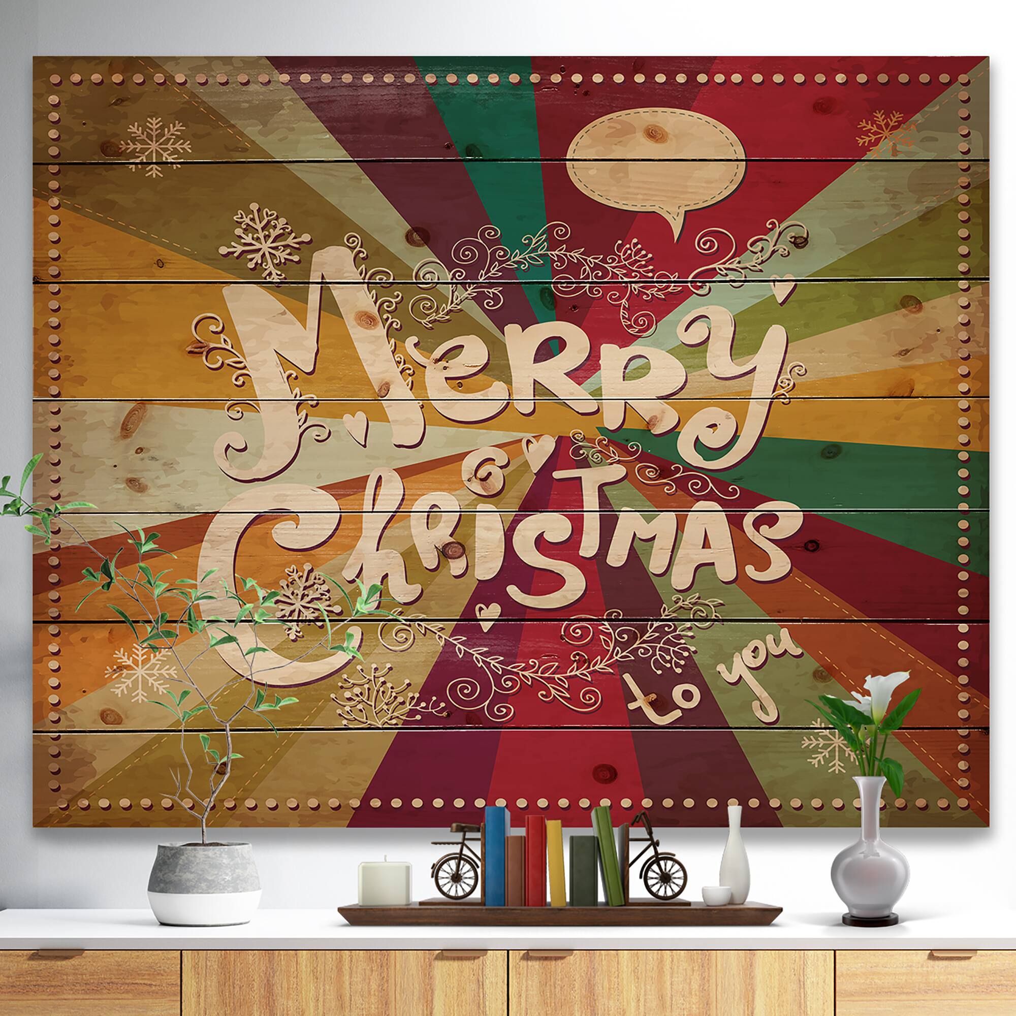 Designart Merry Christmas on Vintage Rainbow Colors Print on Natural Pine Wood