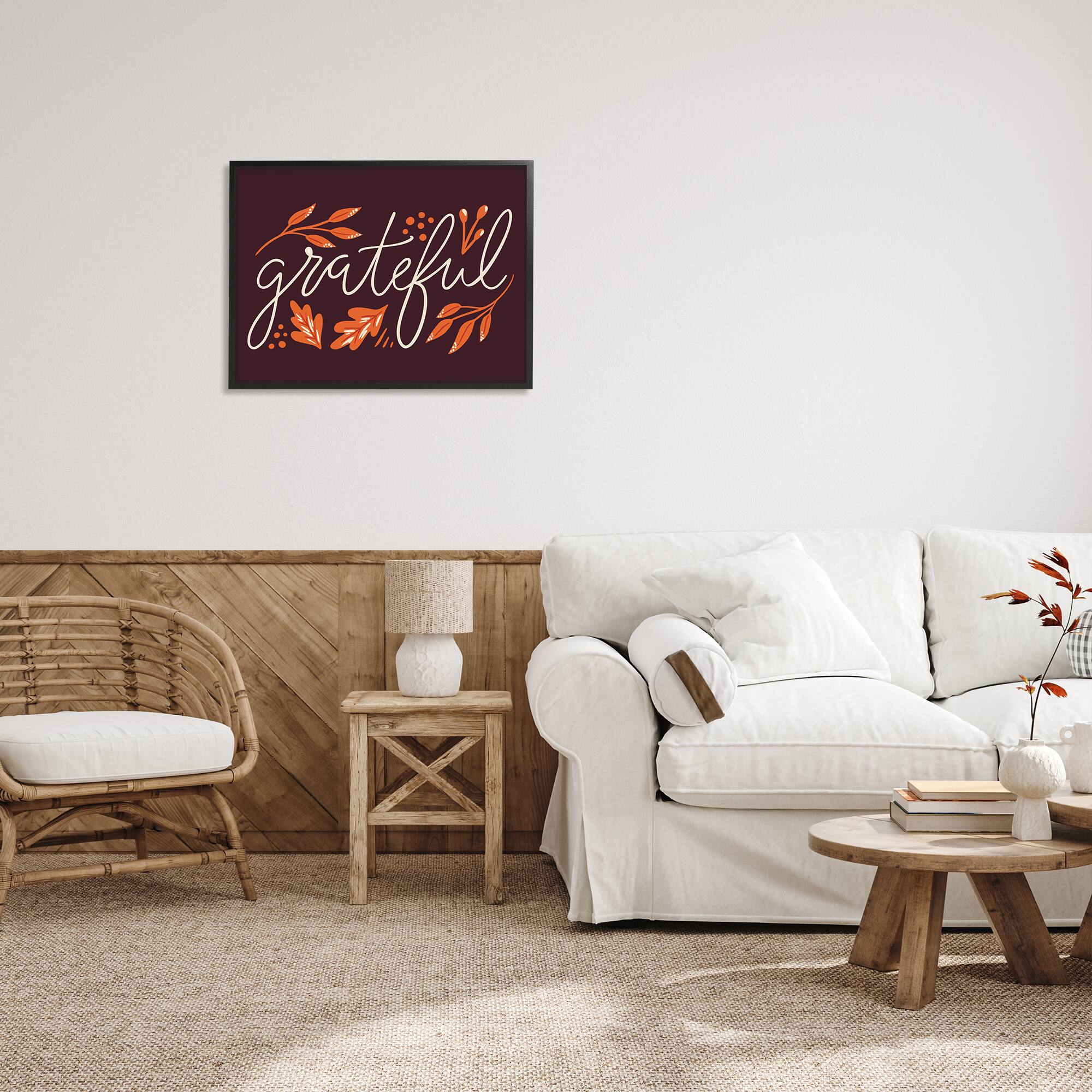 Stupell Industries Grateful Autumnal Leaves Phrase Framed Giclee Art