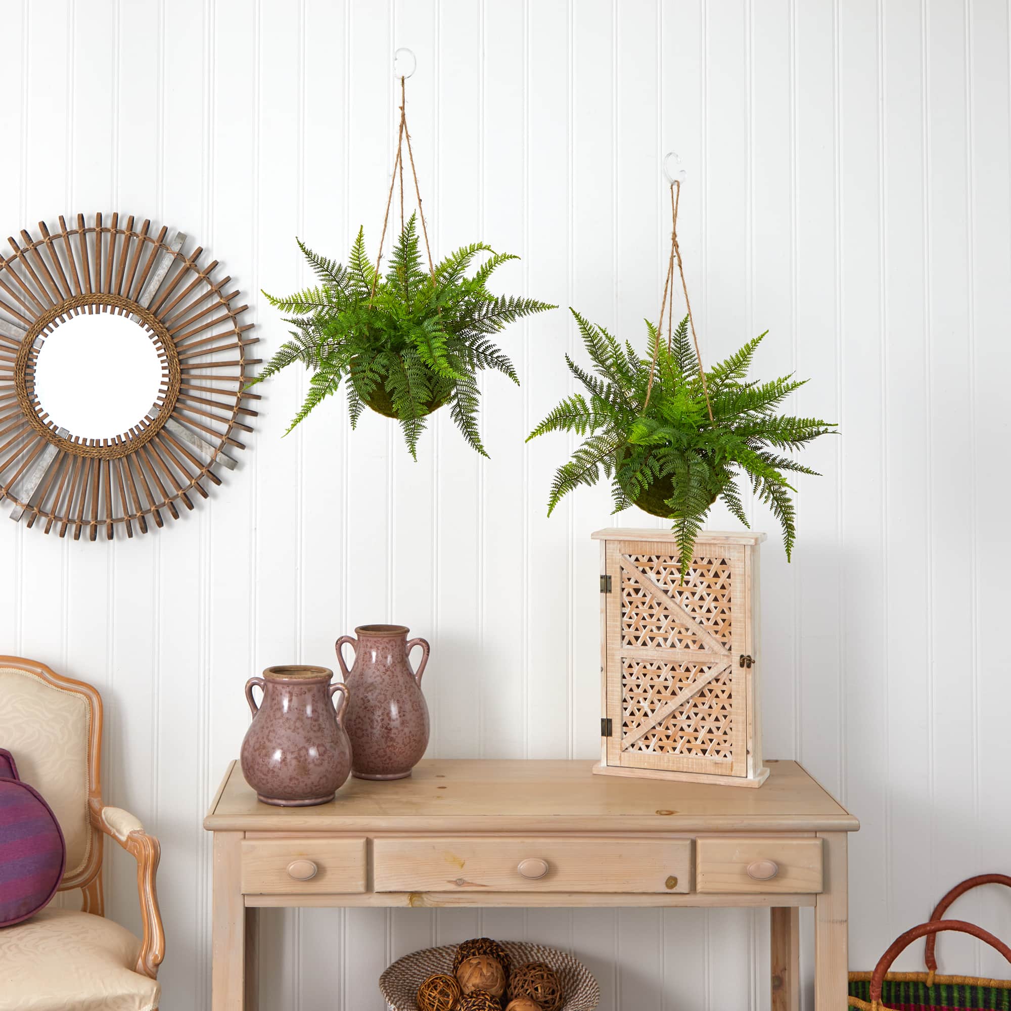 13'' Leather Fern in Mossy Hanging Basket, 2ct.