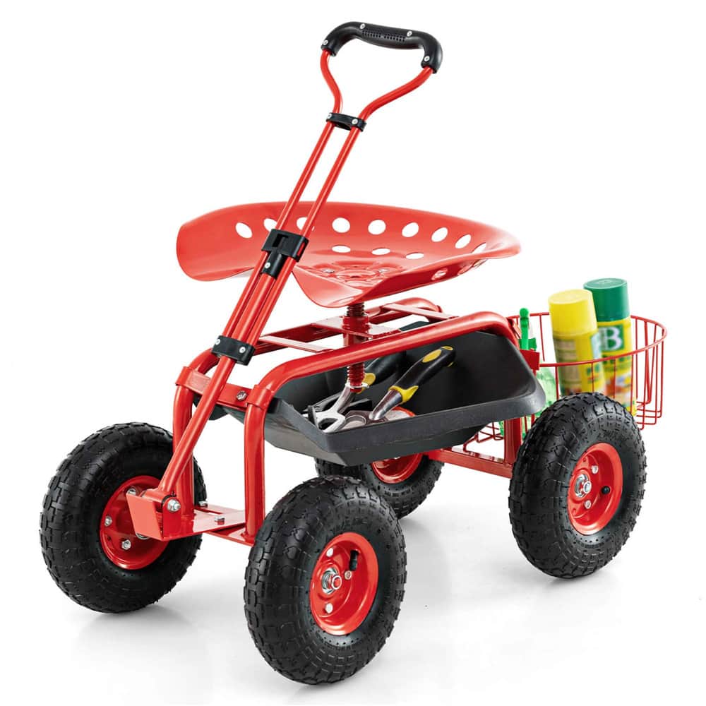 Costway Garden Cart Patio Wagon Roll Work Seat with Tray Basket Extendable Handle