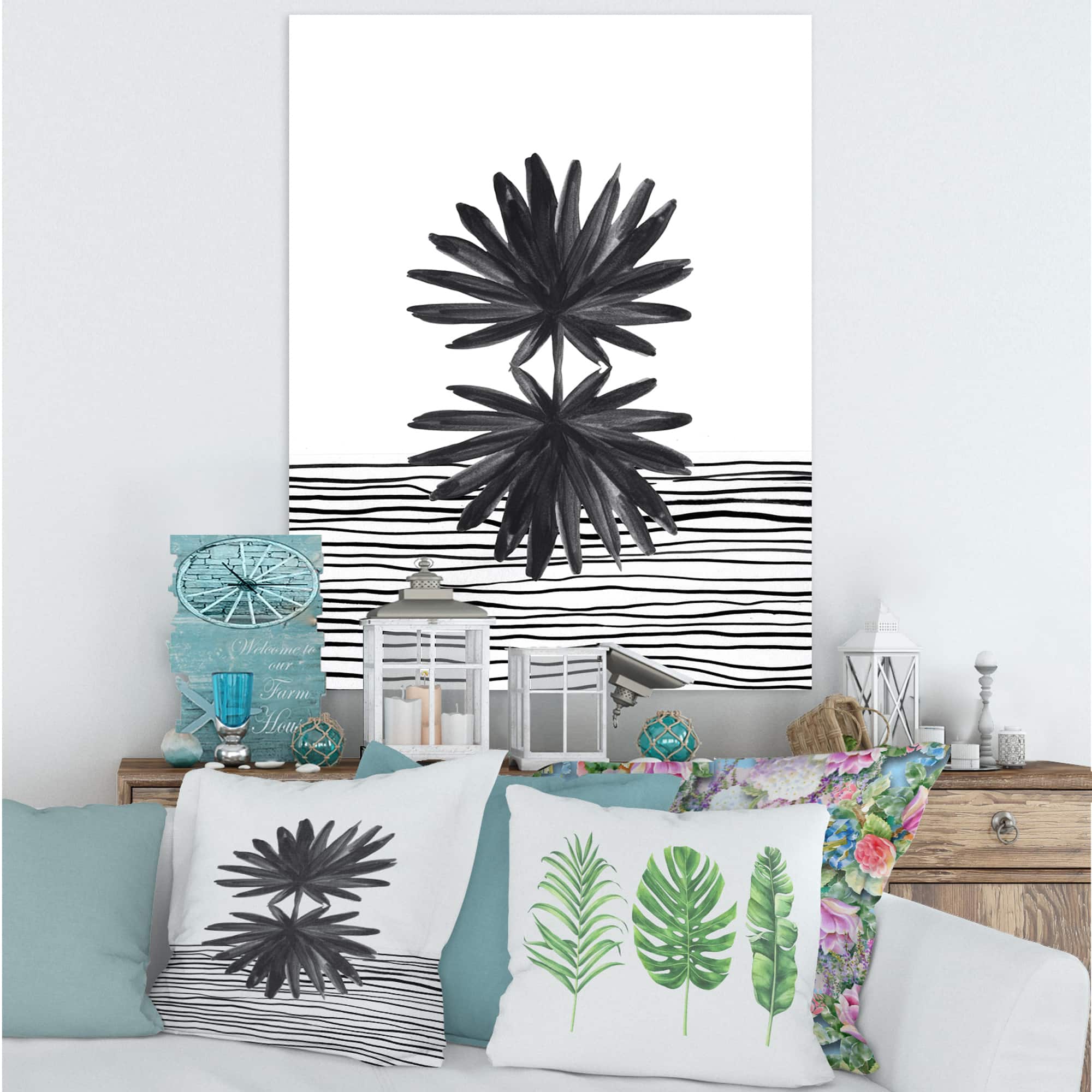 Designart - Black and White Tropical Leaf On Striped II - Modern Canvas Wall Art Print