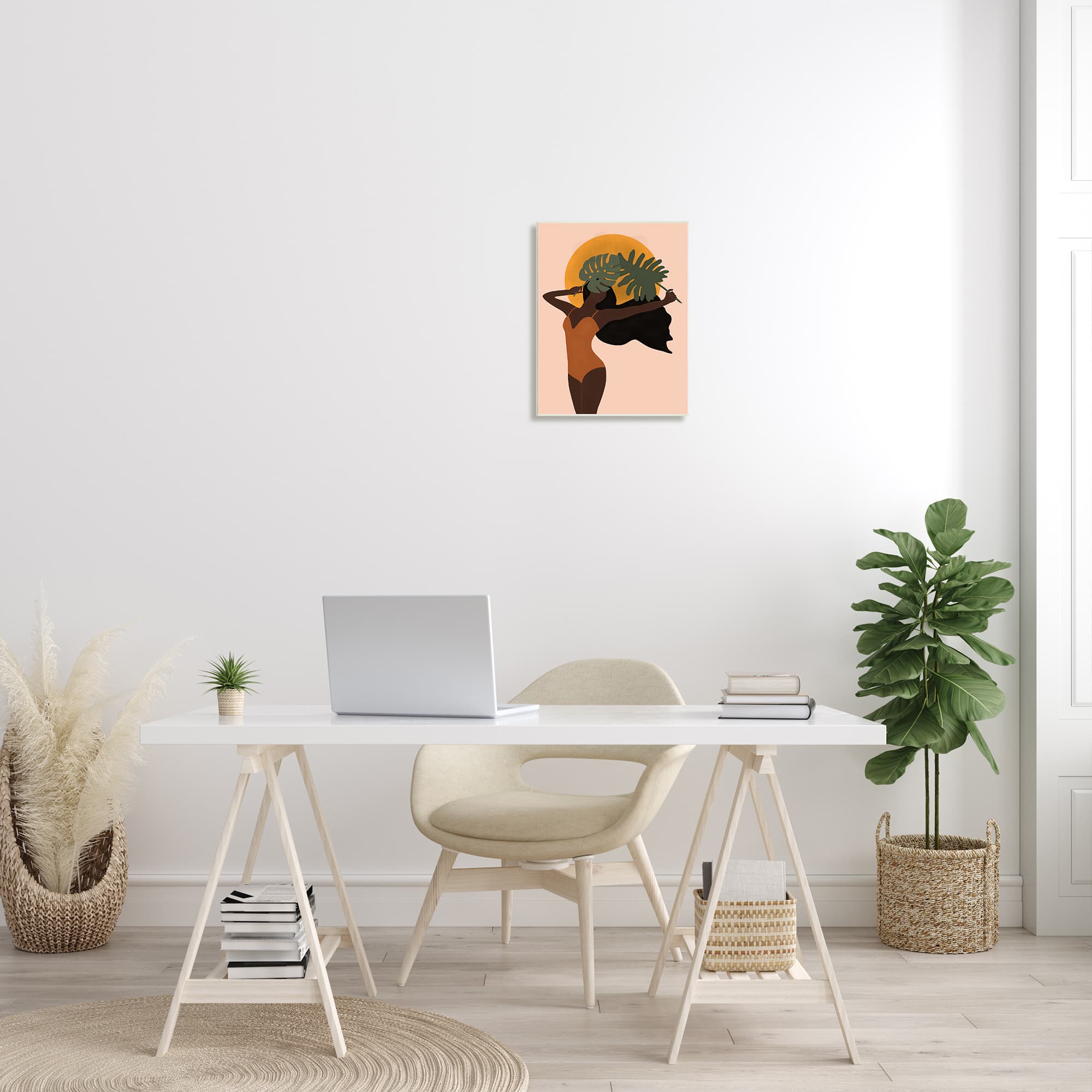 Stupell Industries Female Holding Tropical Monstera Leaf under Sun Wall Plaque
