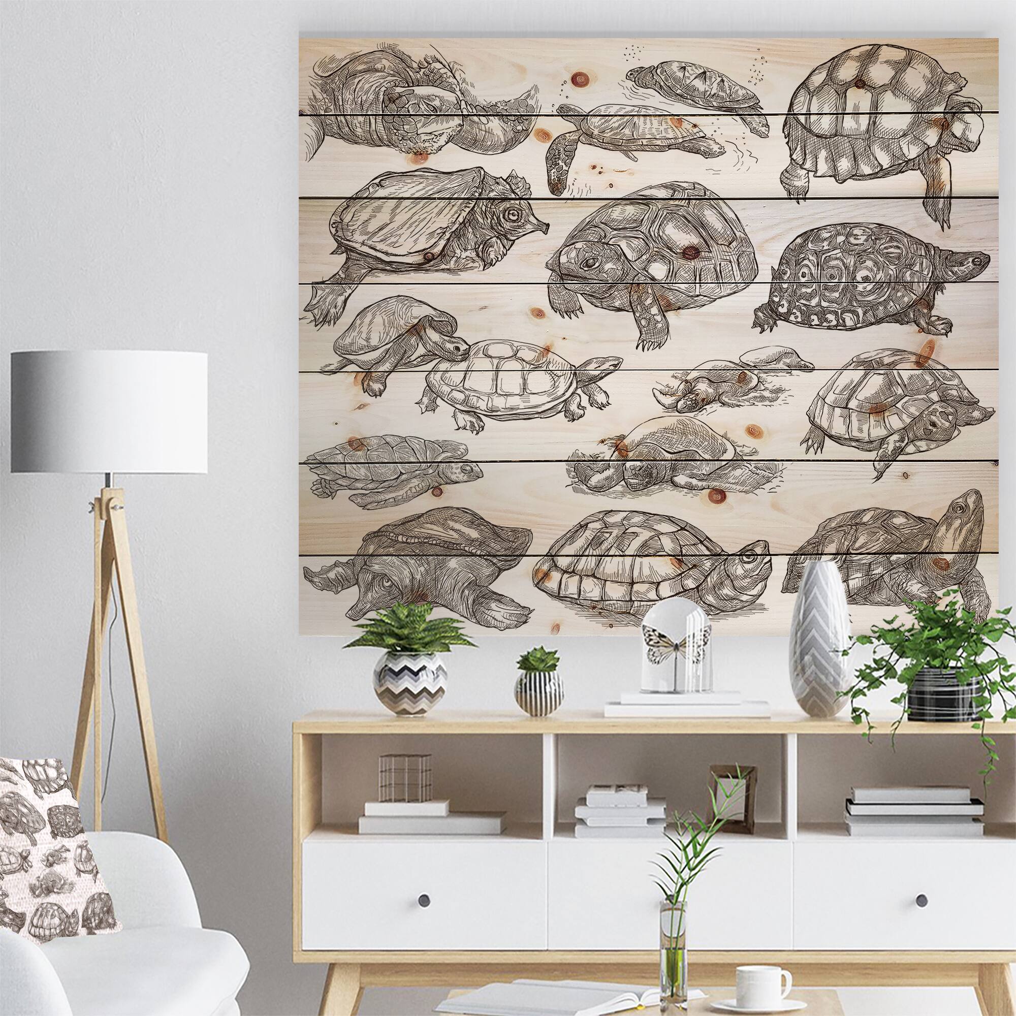 Designart - Turtles in Freehand sketching - Sketch of Nautical Animals of Painting Print on Natural Pine Wood