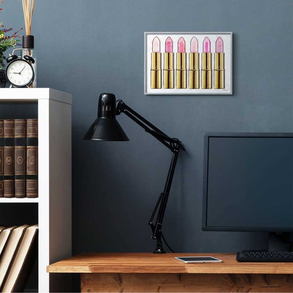 Stupell Industries Pink Gold Lipstick Glam Fashion Watercolor in Gray Frame Wall Art