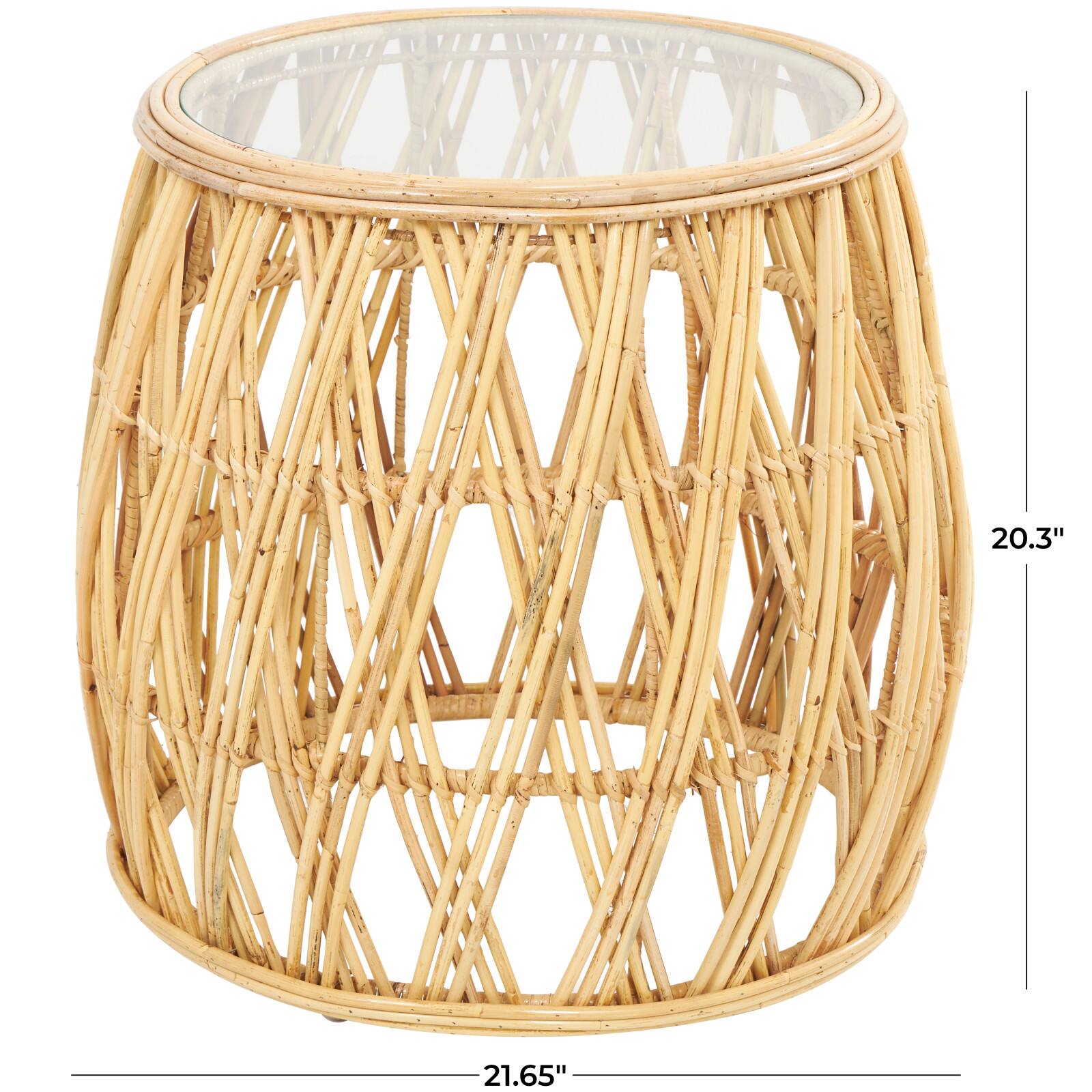 22" Brown Rattan Handmade Woven Geometric Accent Table with Glass Top