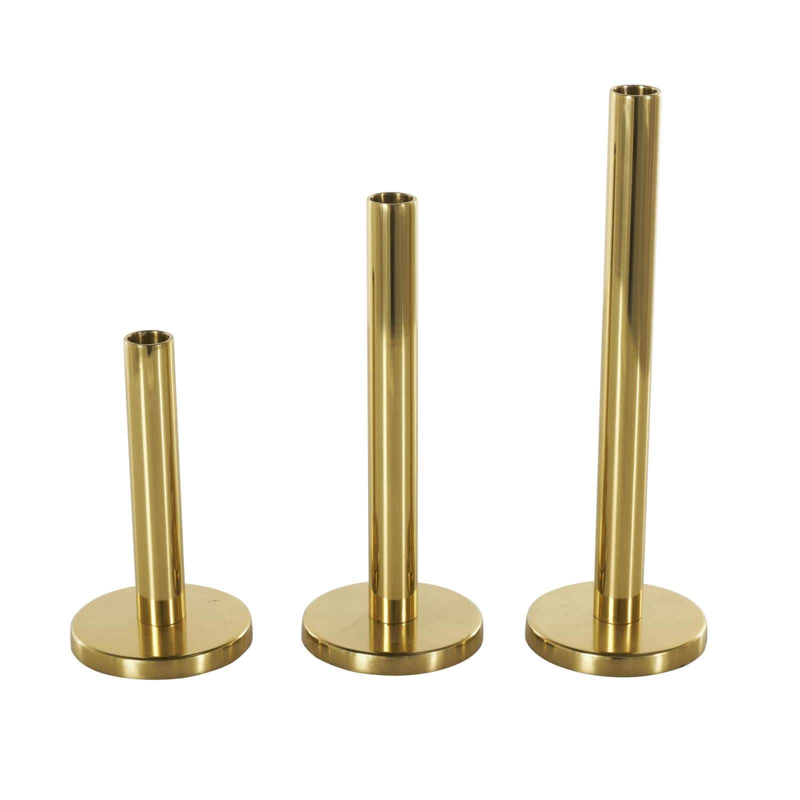 Gold Stainless Steel Metal Slim Minimalistic Candle Holder with Round Base Set