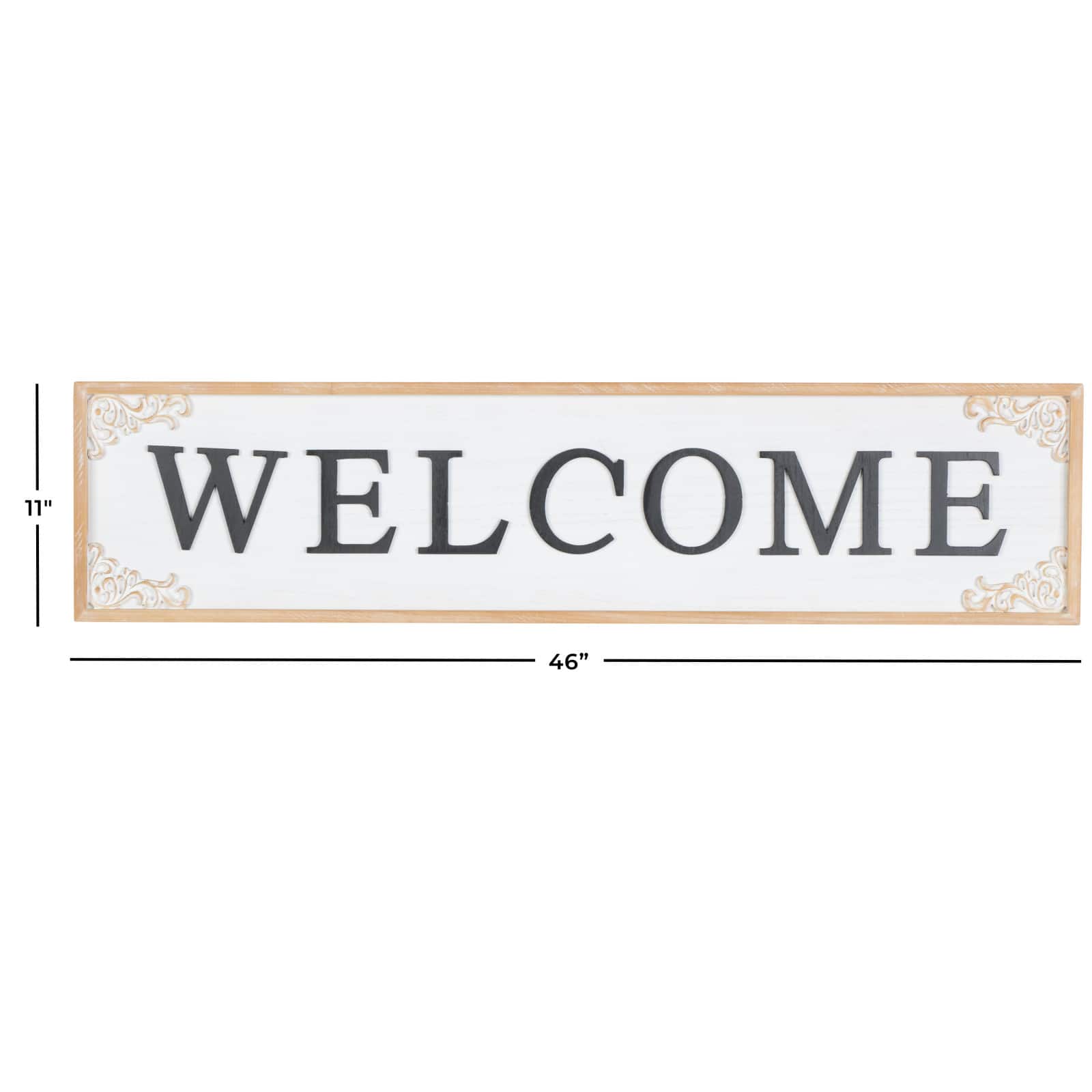 46" x 11" White with Scroll Details Wooden Welcome Sign Wall Décor