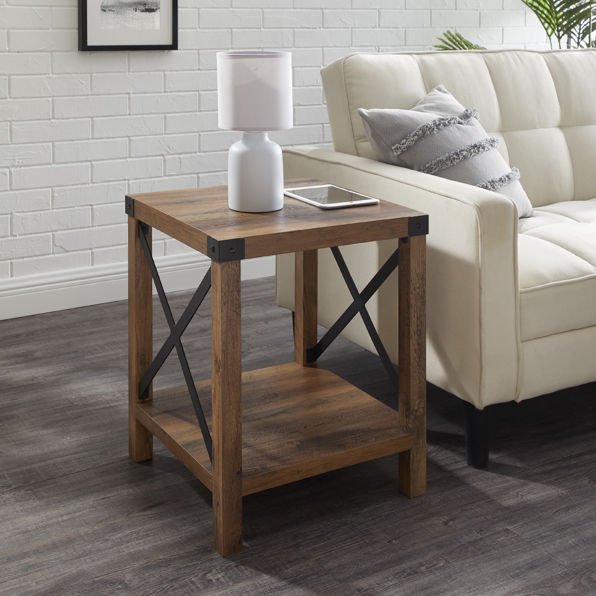 Walker Edison Reclaimed Barnwood Metal X-Frame Rustic Wood Side Table