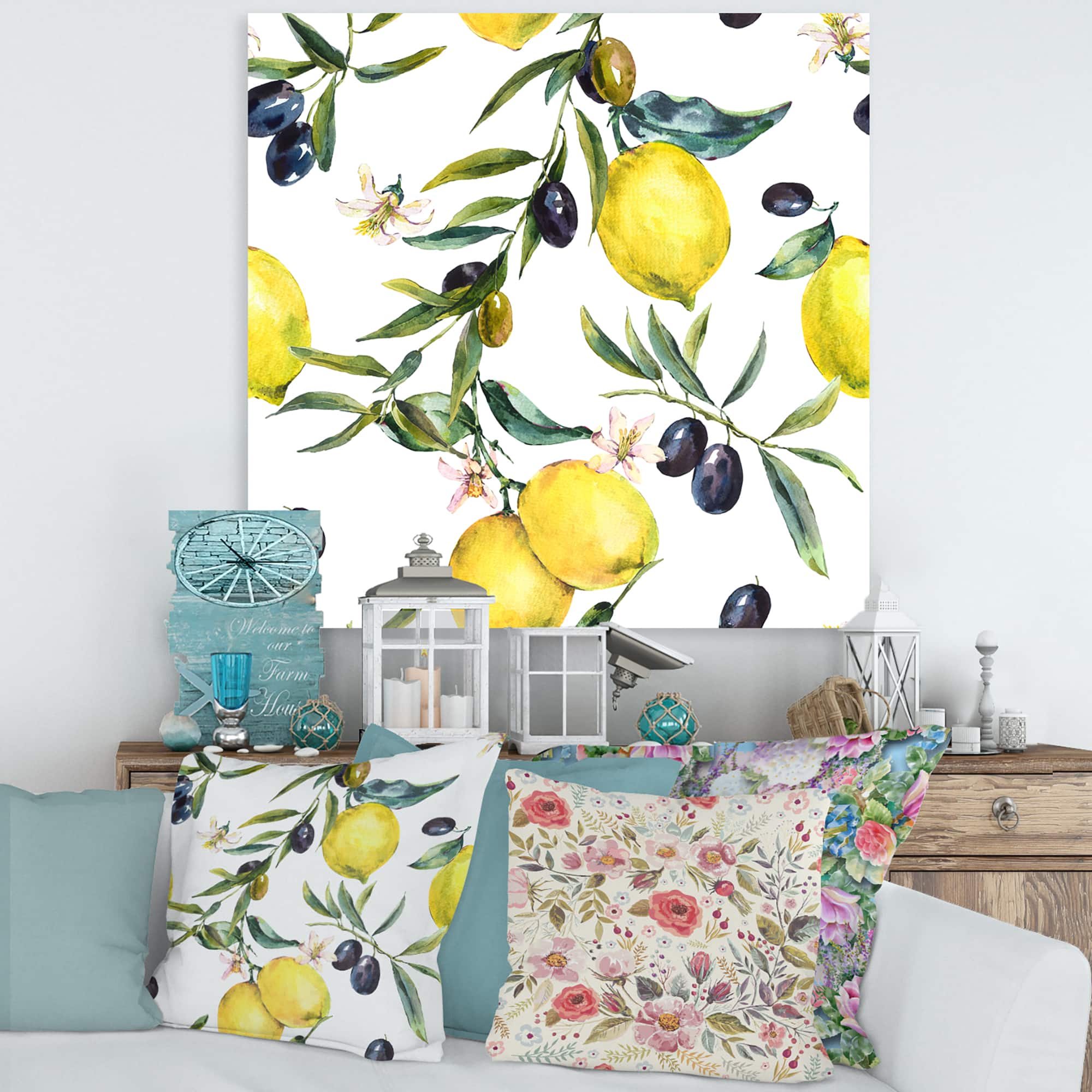 Designart - Lemon and Olive Branches II - Tropical Canvas Wall Art Print
