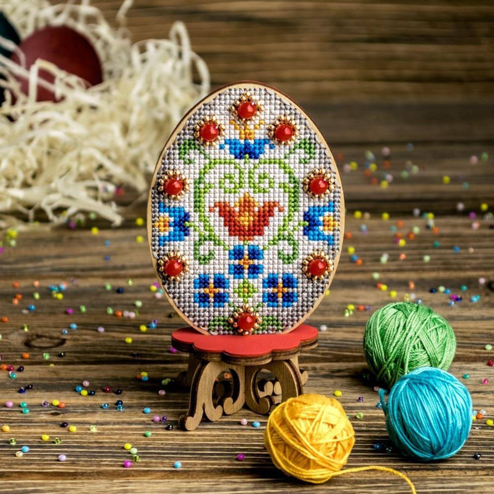 Wonderland Crafts Floral Easter Egg Cross Stitch on Wood Kit