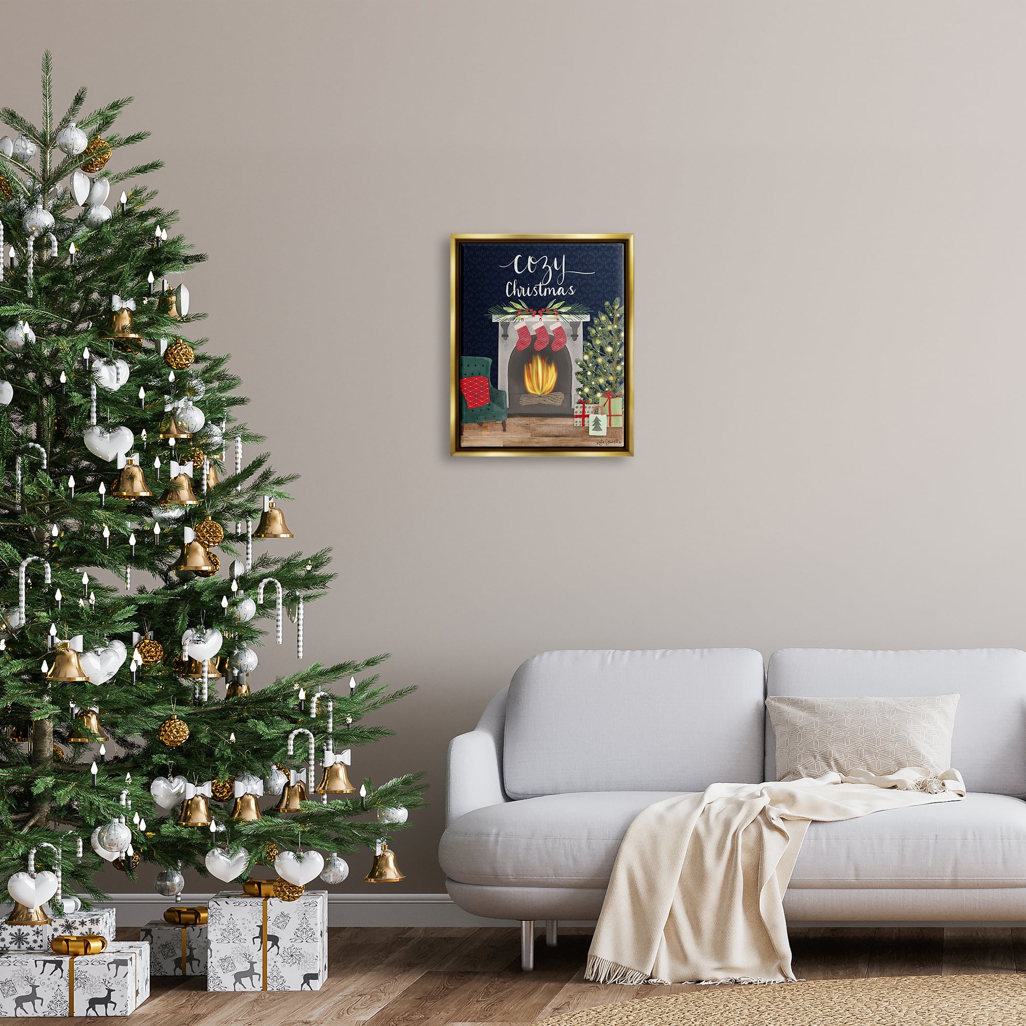 Stupell Industries Cozy Christmas Fireplace Mantel Framed Floater Canvas Wall Art