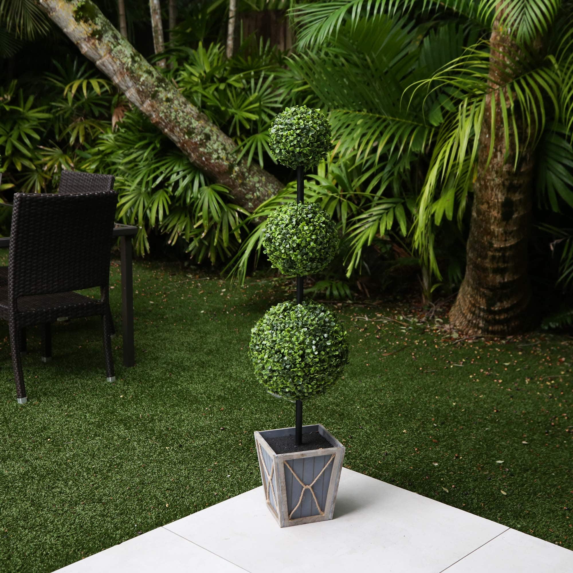 4ft. LED UV Resistant Triple Ball Boxwood Topiary in Decorative Planter