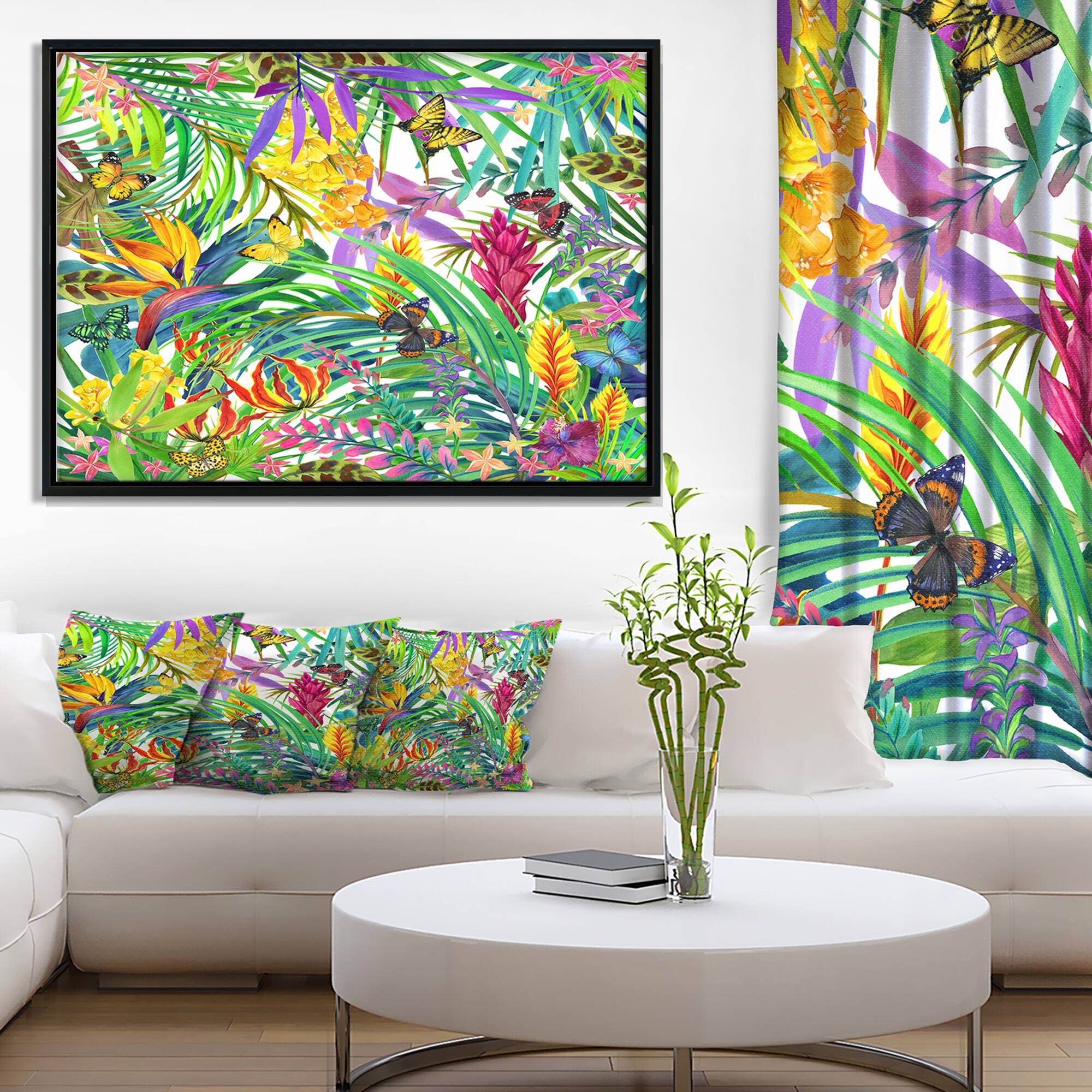 Designart - Tropical Leaves and Flowers - Floral Art Canvas Print in Black Frame