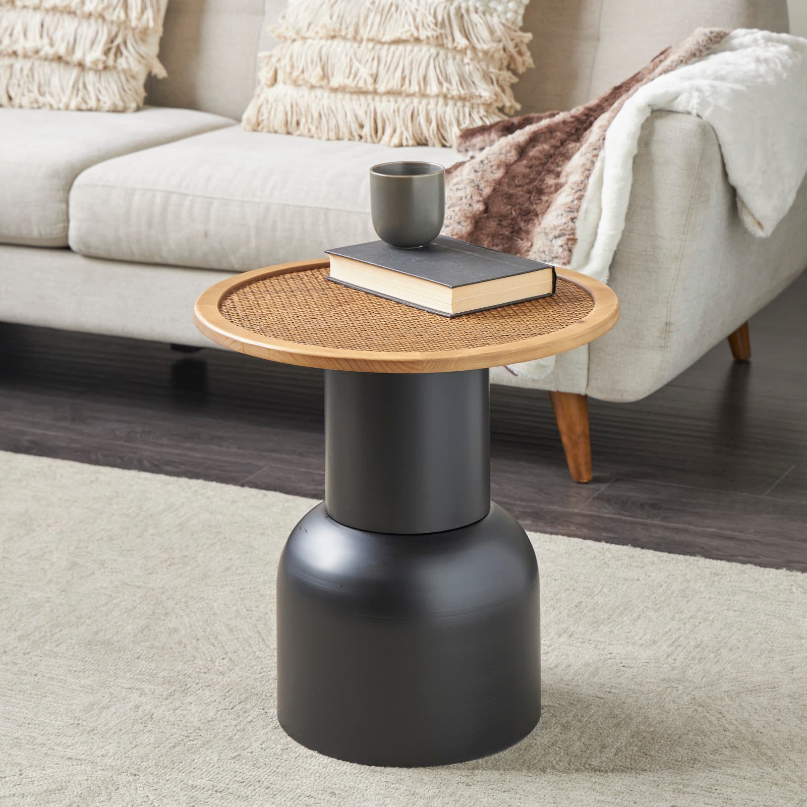 19.5" Black Metal & Rattan Accent Table