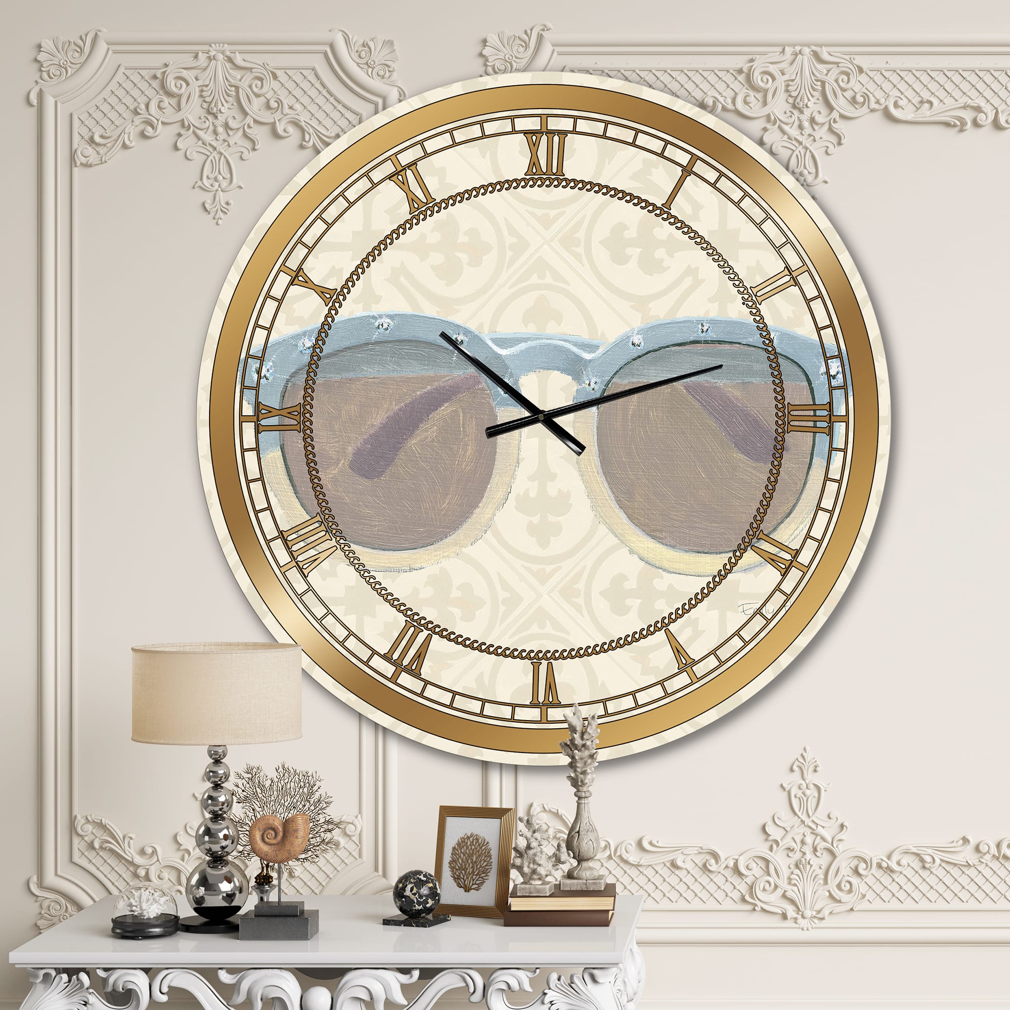 Designart 'Glam Cosmetics Blue Sun Glasses Glam Wall Clock