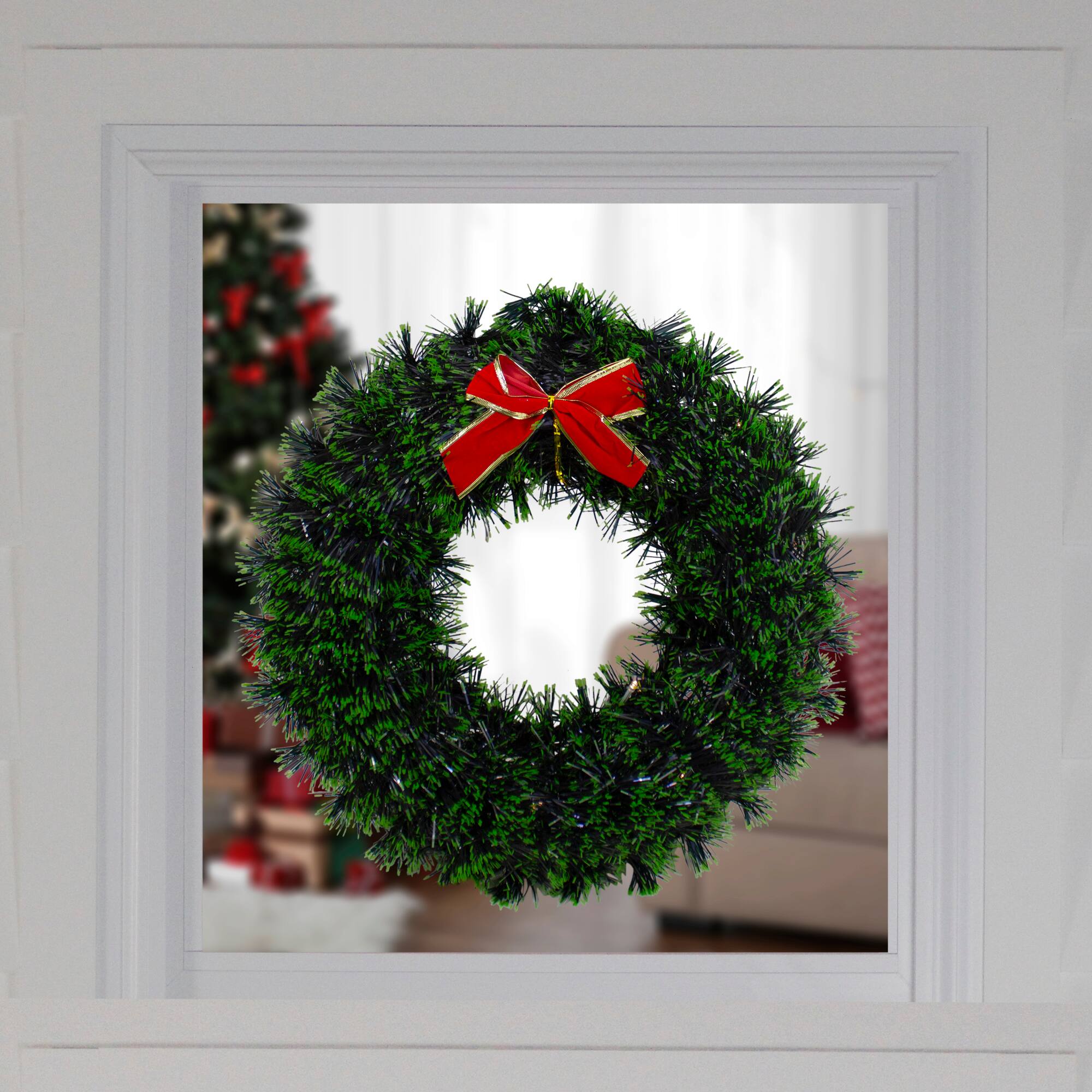 17" Pre-Lit LED Green Tinsel Artificial Wreath With Bow