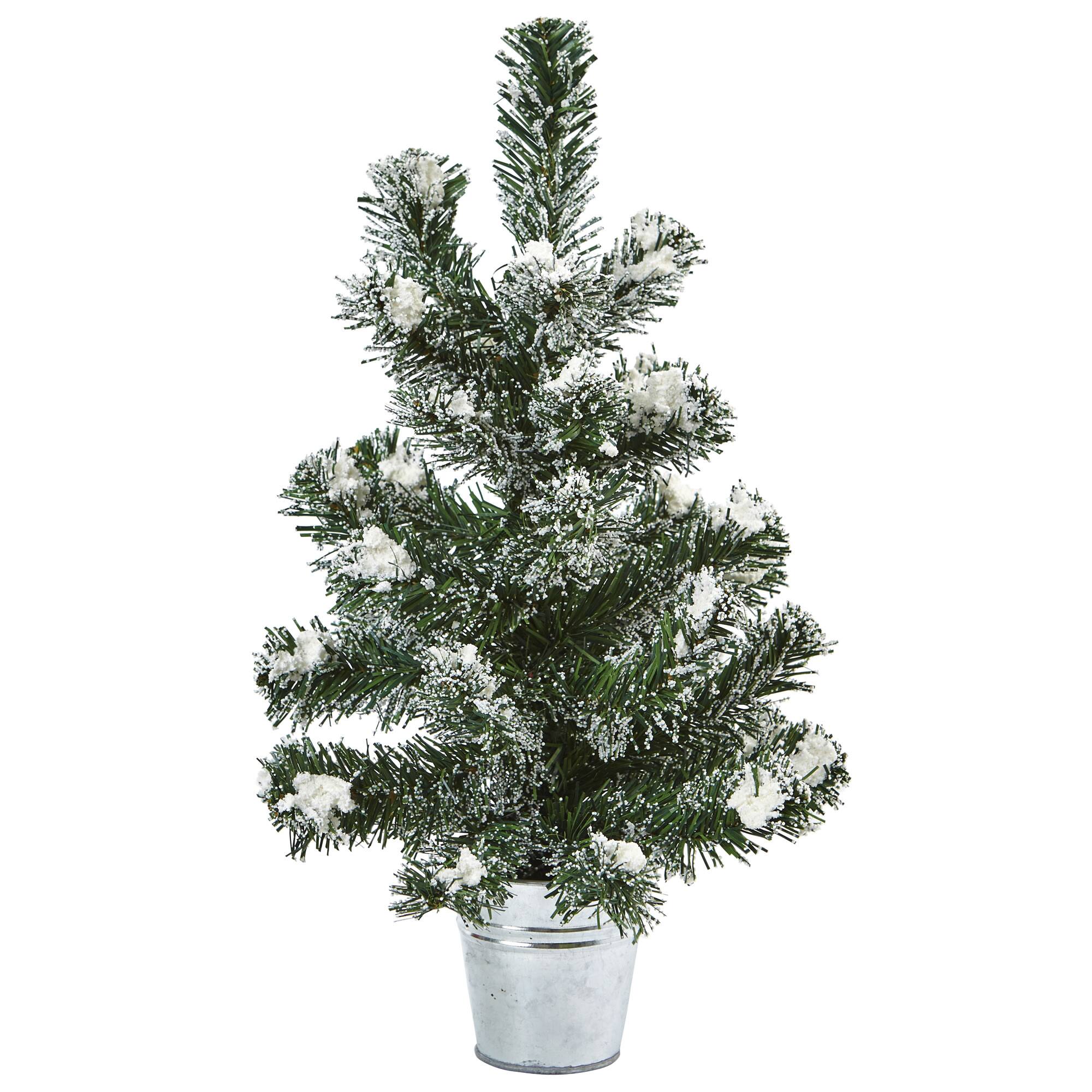 2 Pack 18" Unlit Snowy Mini Pine Artificial Christmas Trees with Tin Planters