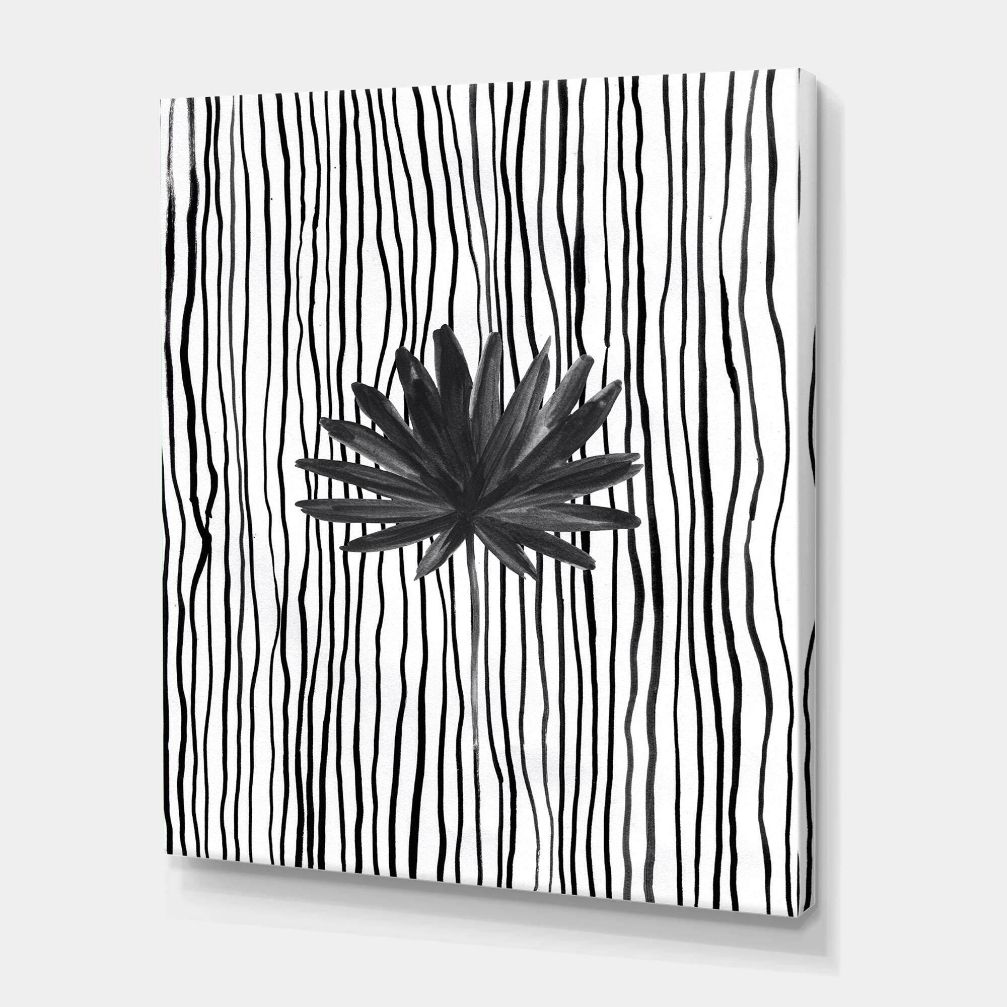 Designart - Black and White Tropical Leaf On Striped III - Modern Canvas Wall Art Print