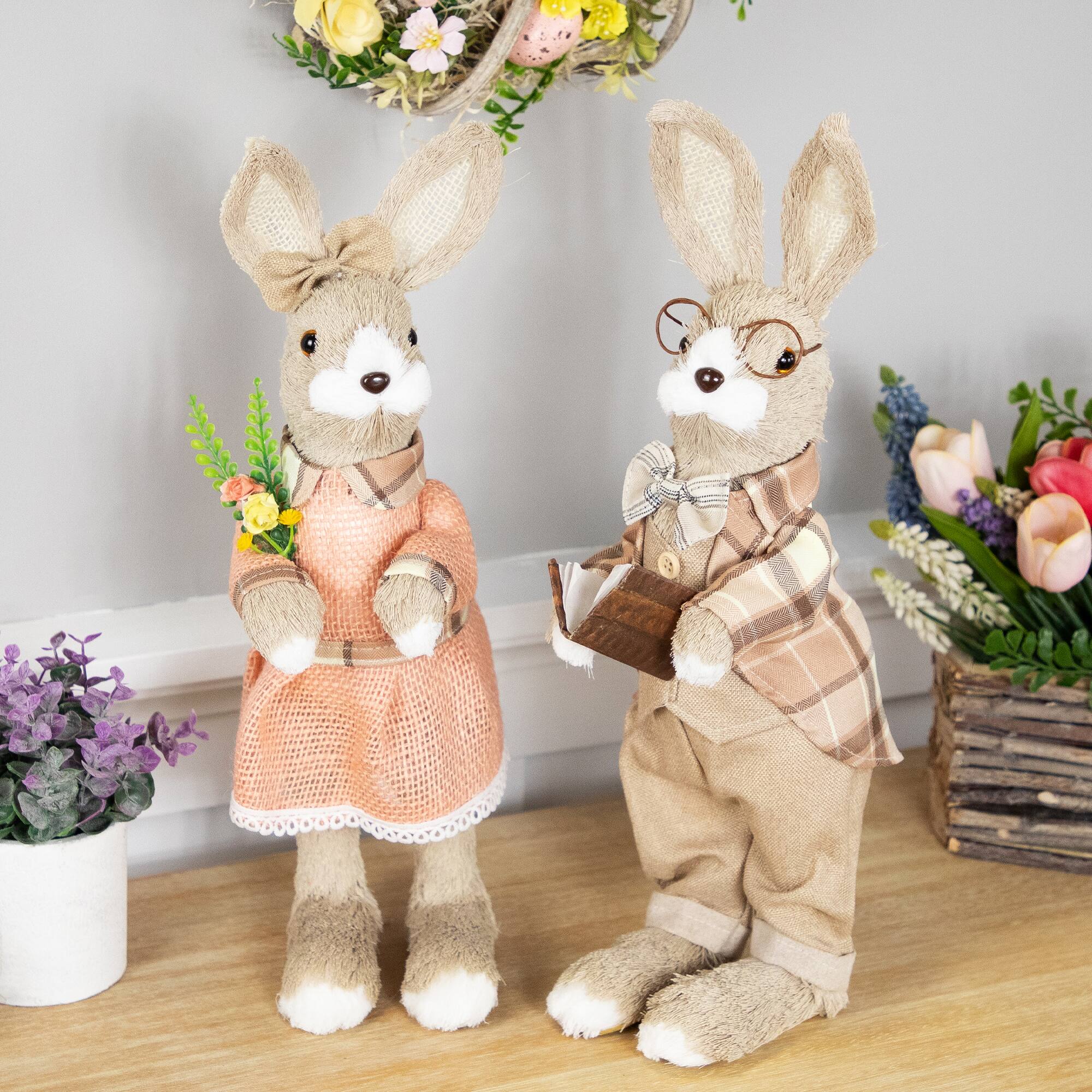 15.25" Beige Rustic Girl Rabbit Easter Figure with Flowers