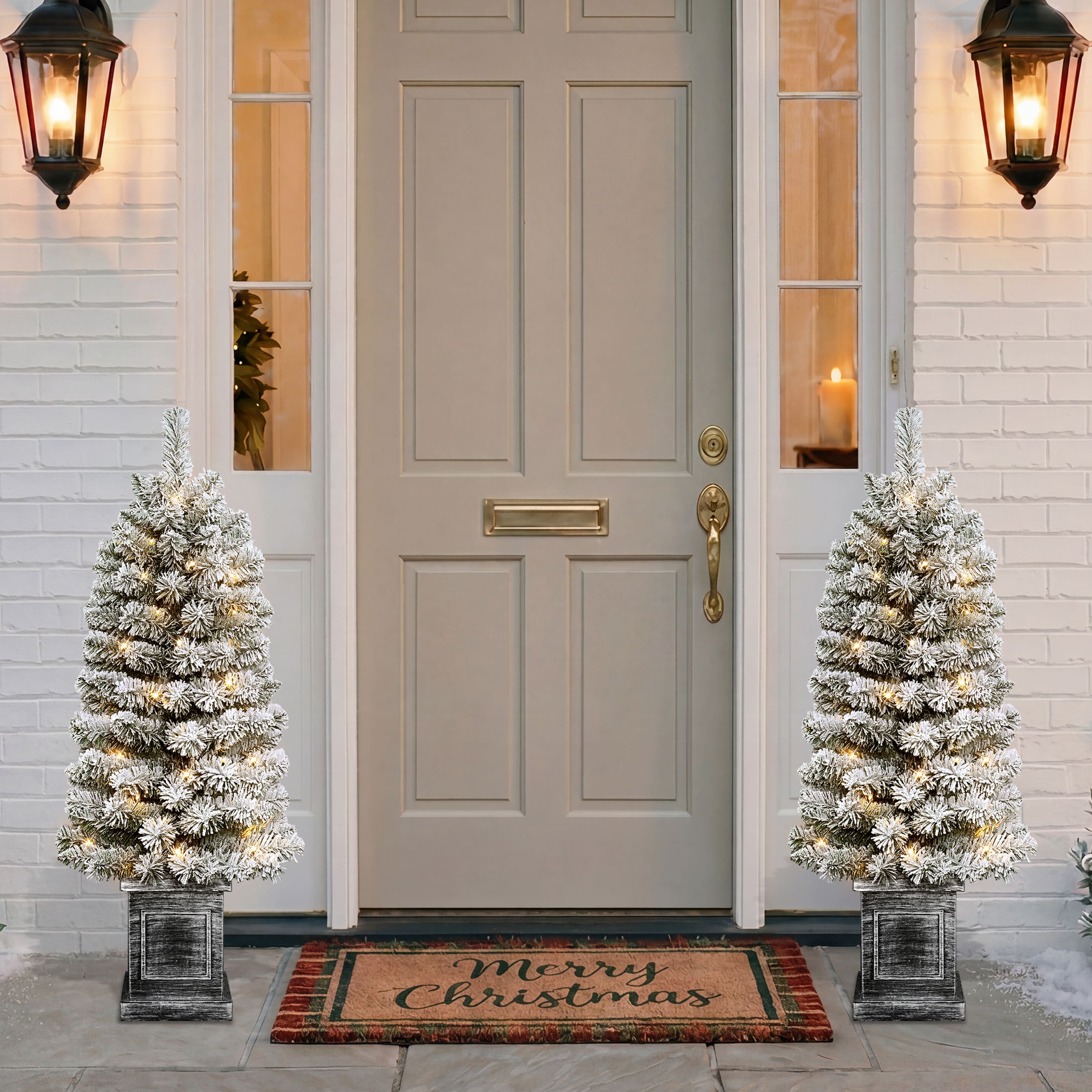 Puleo International 3.5ft. Pre-Lit Battery-Operated Flocked Spruce Artificial Christmas Trees with Pinecones, Warm White LED Lights, 2ct.