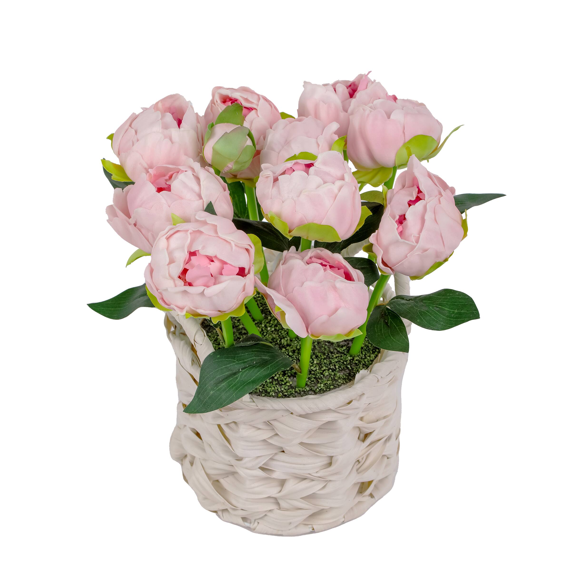 10" Peony Flower Bouquet In White Basket
