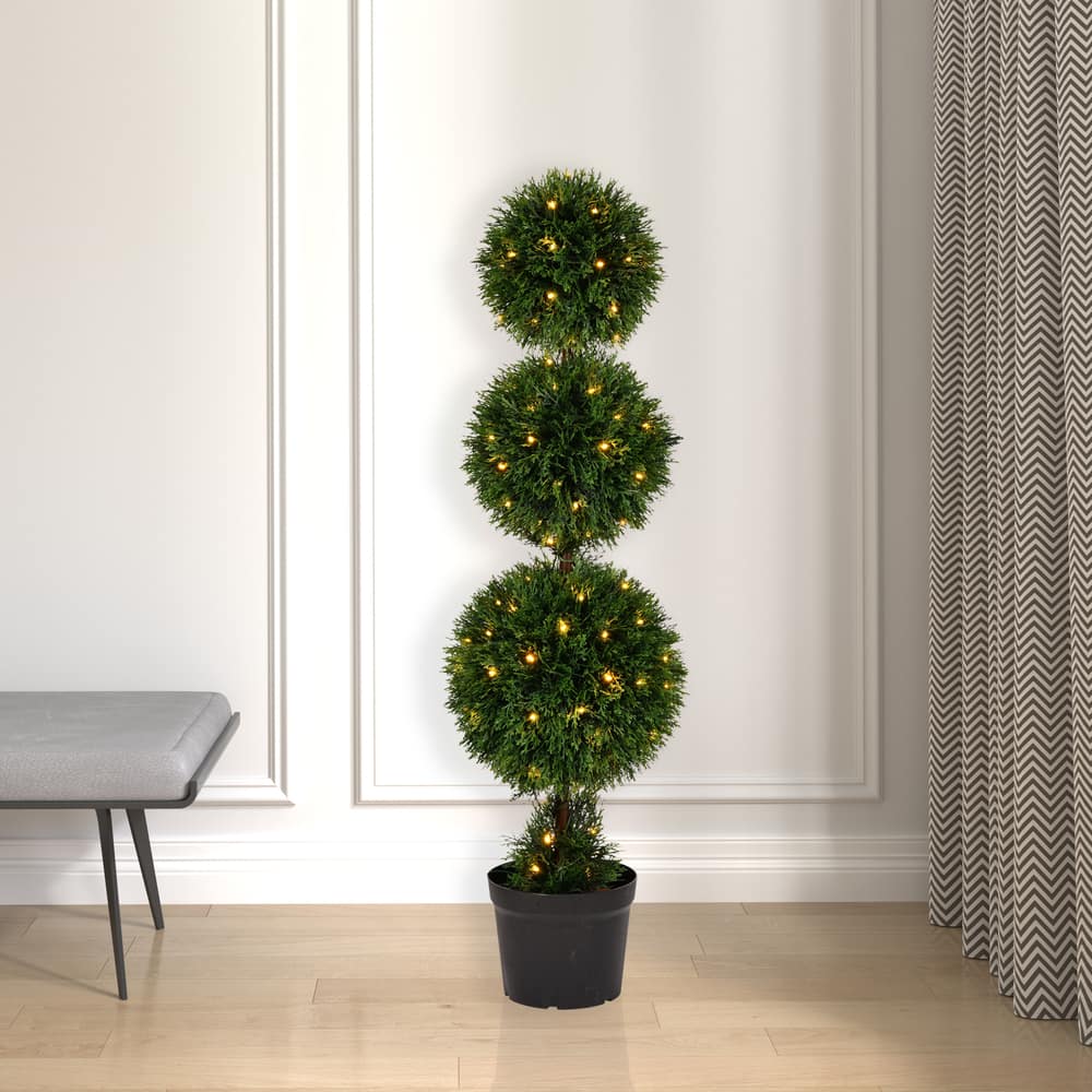 4ft. Pre-Lit Potted Cedar Triple Ball Topiary Tree