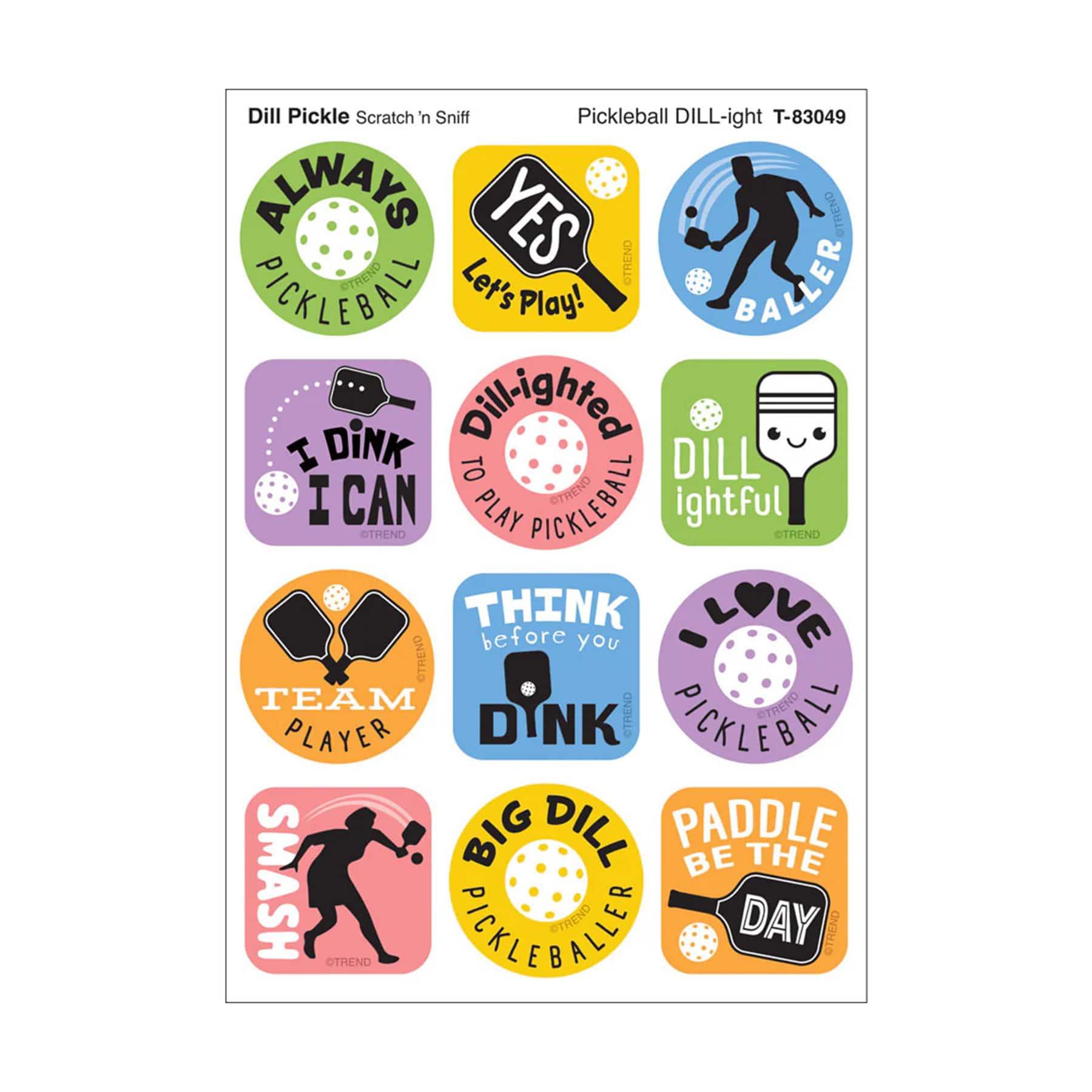 TREND Enterprises® Pickleball Pride, Dill Pickle Scent Scratch 'n Sniff Stinky Stickers®. 1.25" 6 Packs of 48