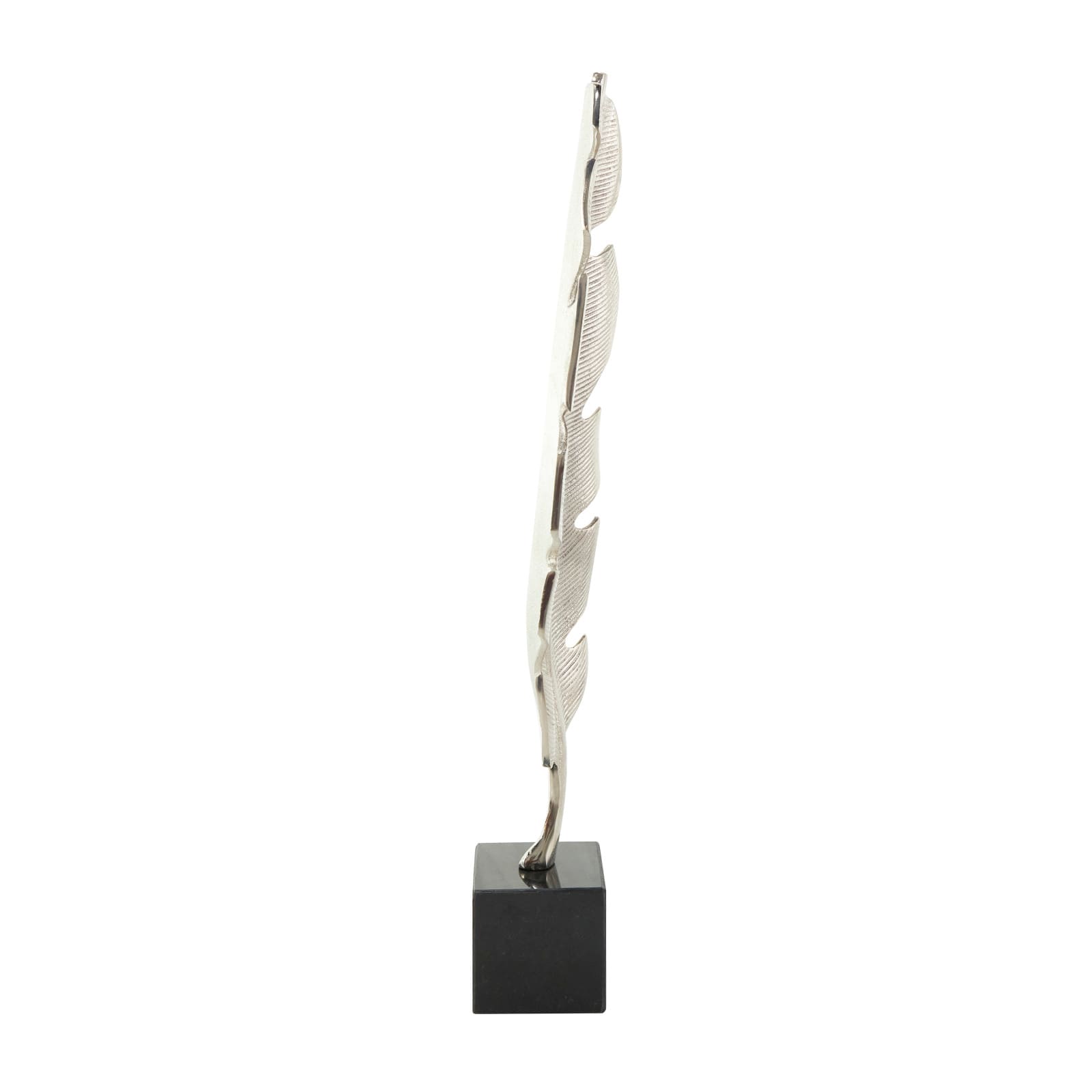 28" Silver Aluminum Bird Feather Sculpture with Black Marble Base
