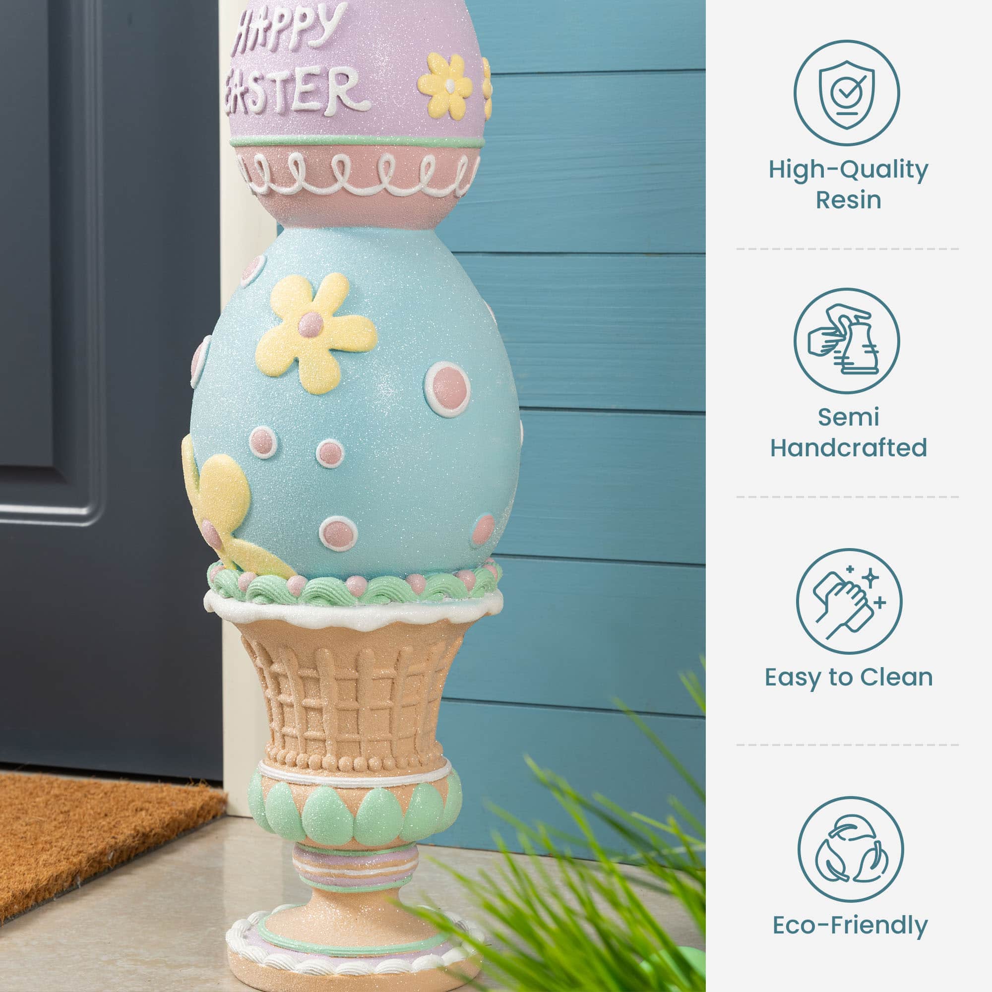 Glitzhome® 30.5" Easter Resin Macaron Stacked Egg & Bunny Porch Decor