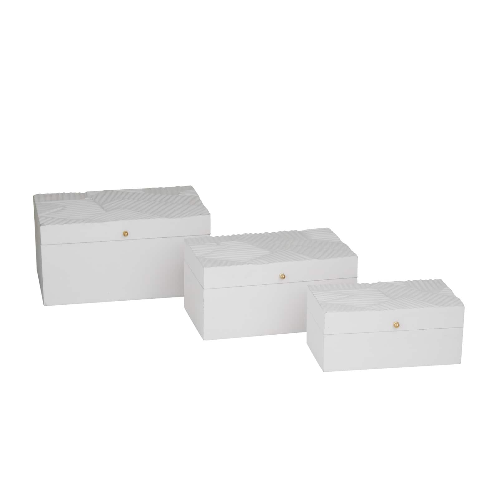 White Wood Intricate Carved Box with Hinged Lid Set