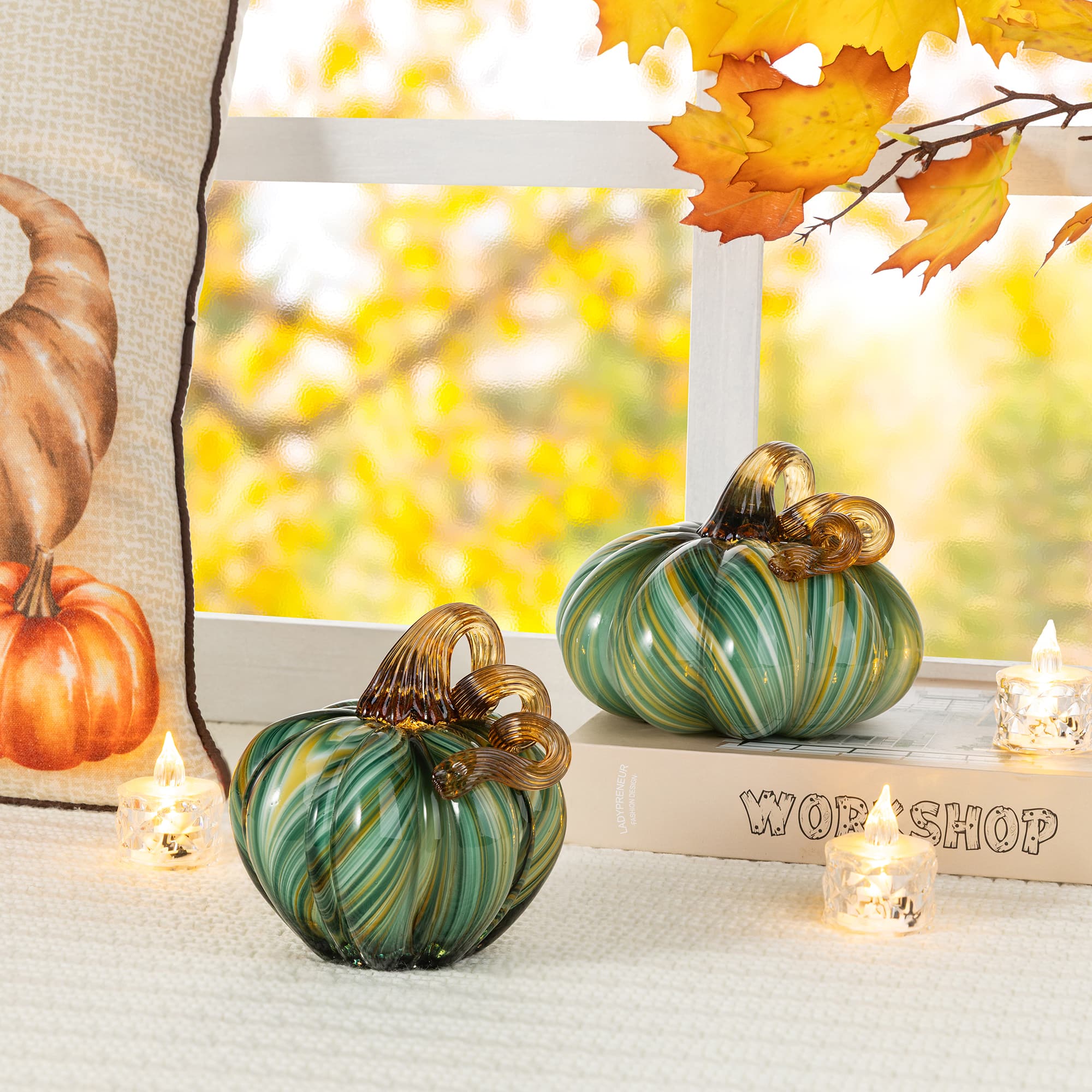Glitzhome® 5.75" Multi Green Striped Glass Pumpkin Fall Table Decor