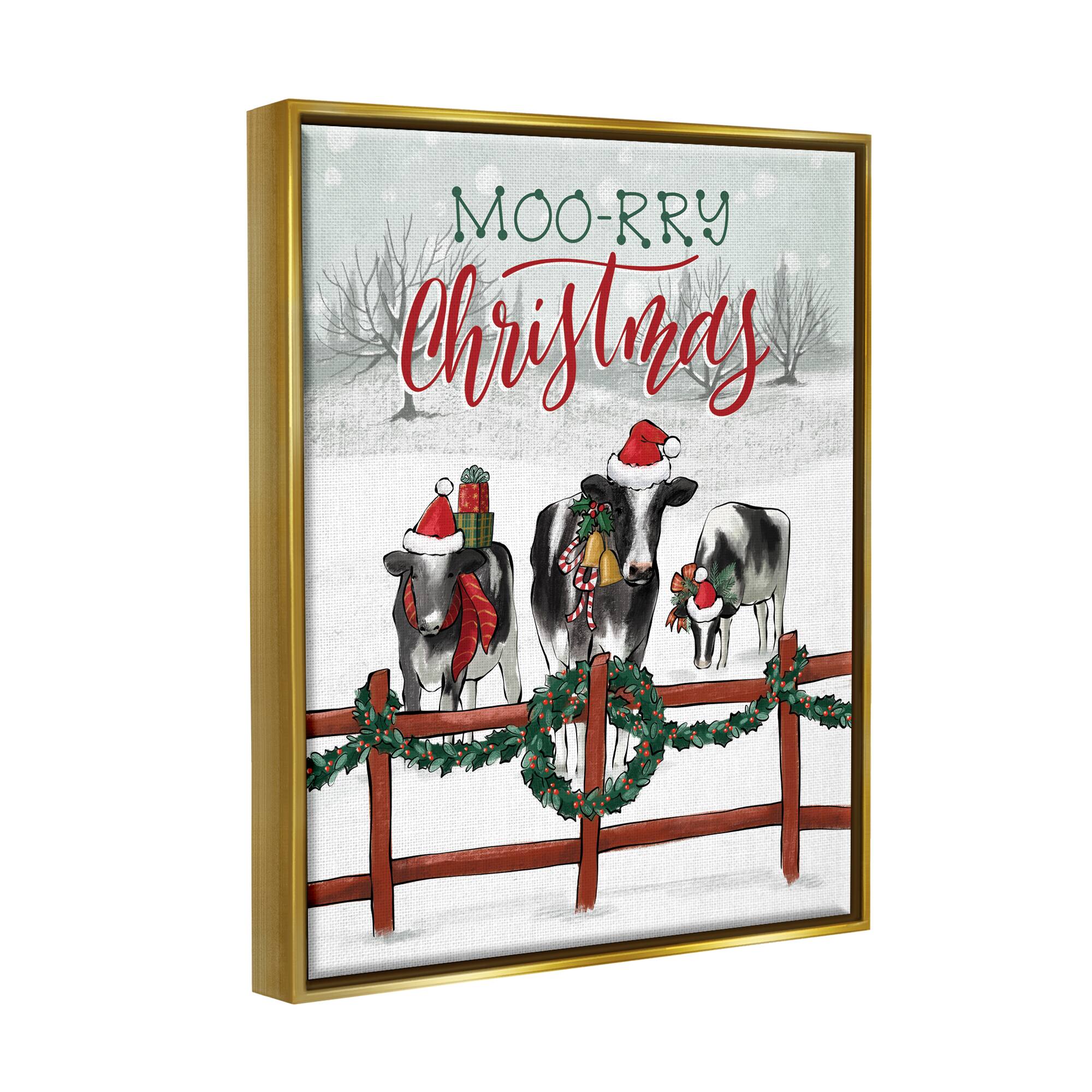 Stupell Industries Moo-rry Christmas Holiday Snowy Cows Framed Floater Canvas Wall Art