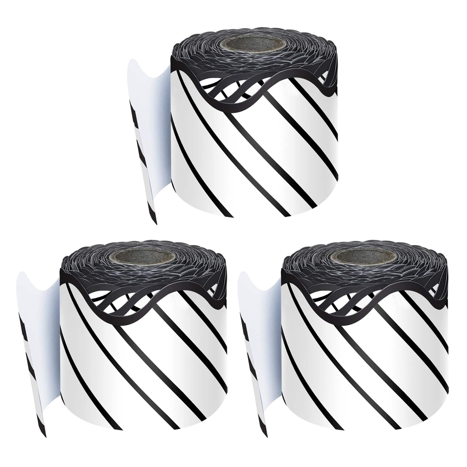 Carson Dellosa® Kind Vibes Black & White Stripes Rolled Scalloped Border, 195ft.