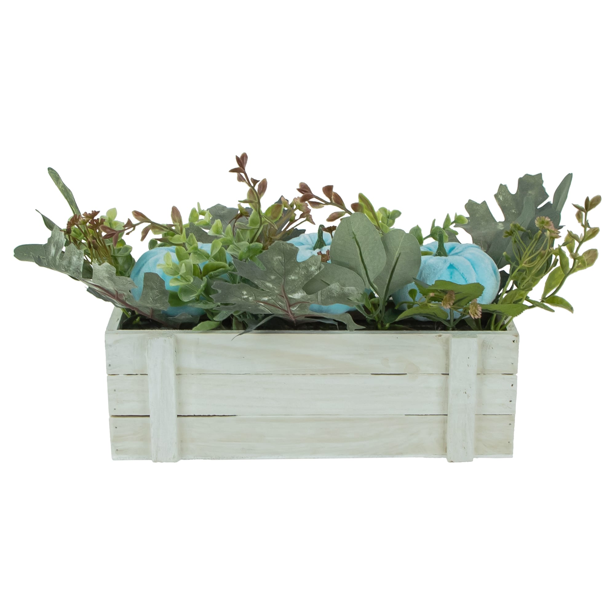 18" White Wooden Box of Foliage & Pumpkins Thanksgiving Decoration