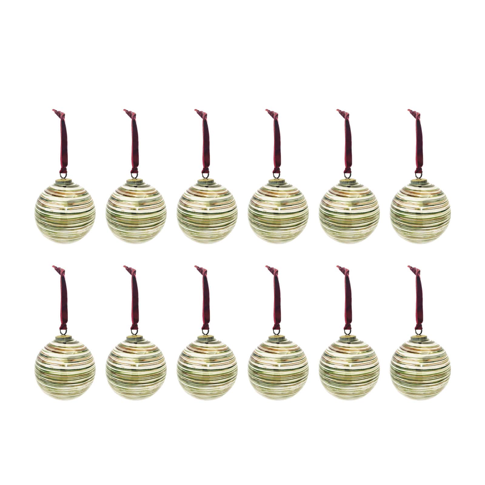 Hello Honey® 12 Pack 4" Multicolor Glass Ball Ornaments with Stripes & Velvet Ribbon Hanger