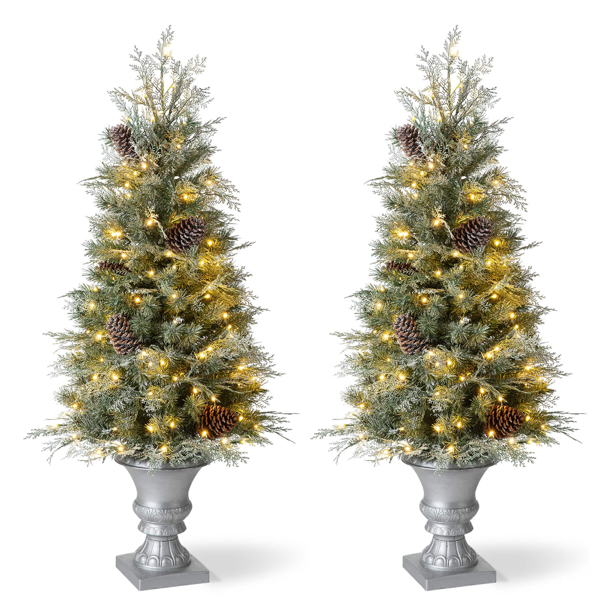 2 Pack 4ft. Pre-Lit Pine Artificial Christmas Porch Tree, Warm White LED Lights