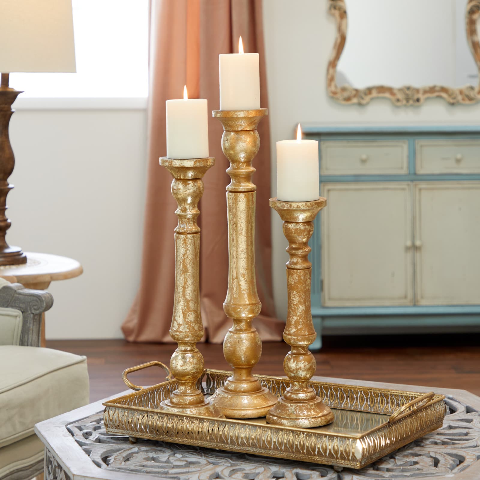 Gold Mango Wood Traditional Candle Holder Set