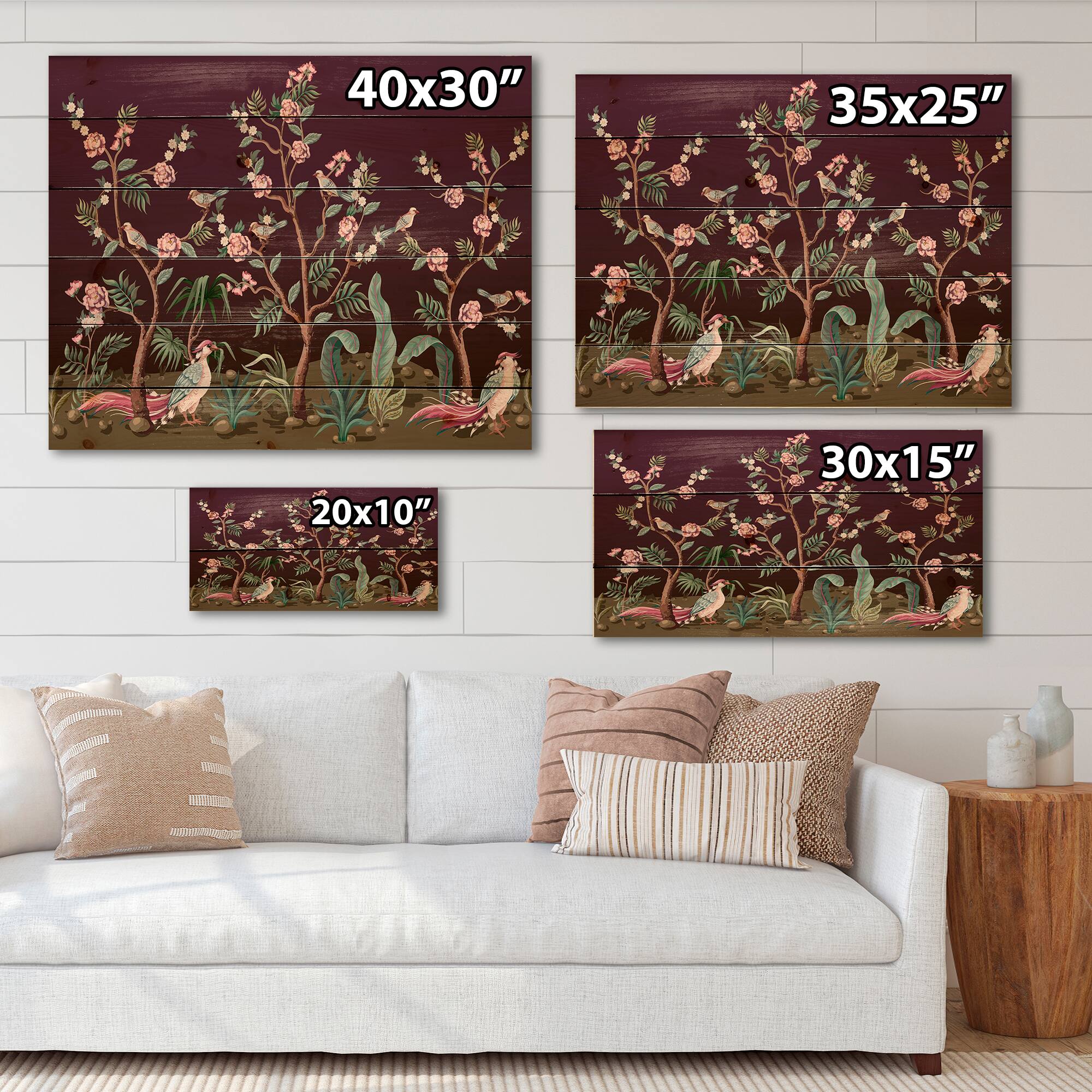 Designart - Chinoiserie With Birds and Peonies I - Traditional Print on Natural Pine Wood