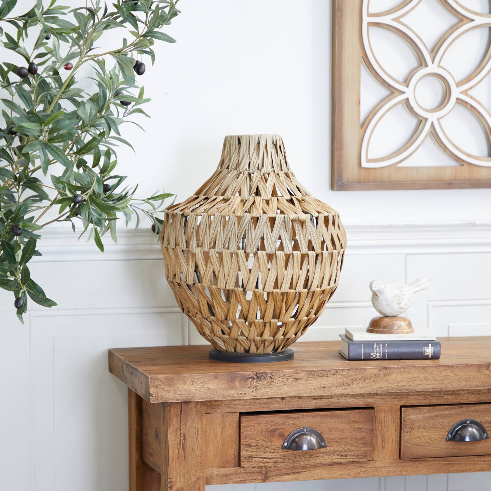 Brown Plastic Rattan Handmade Woven Vase with Black Metal Base 14" x 14" x 17"