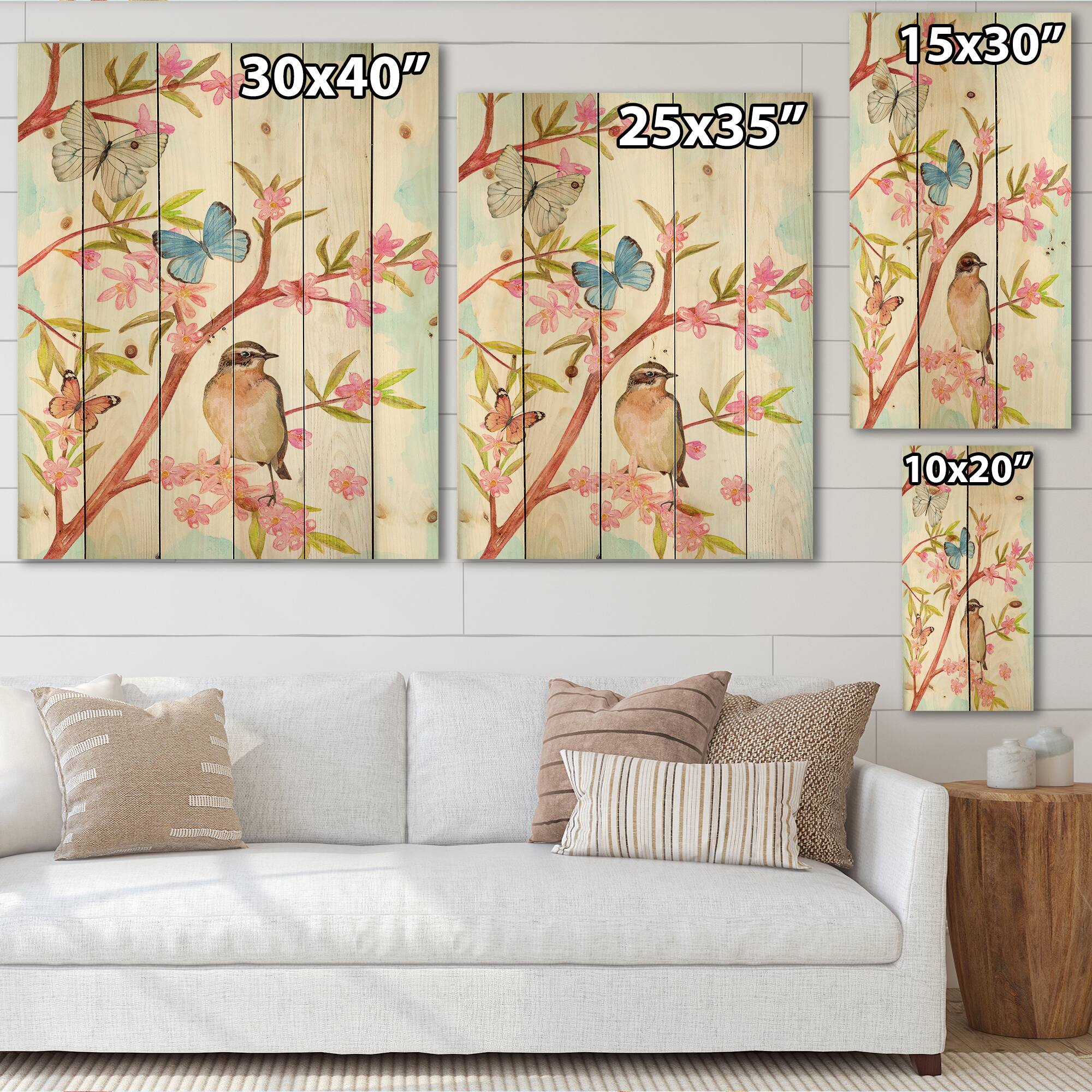 Designart - Clever Bird Sitting On Branch of A Spring Tree - Traditional Print on Natural Pine Wood