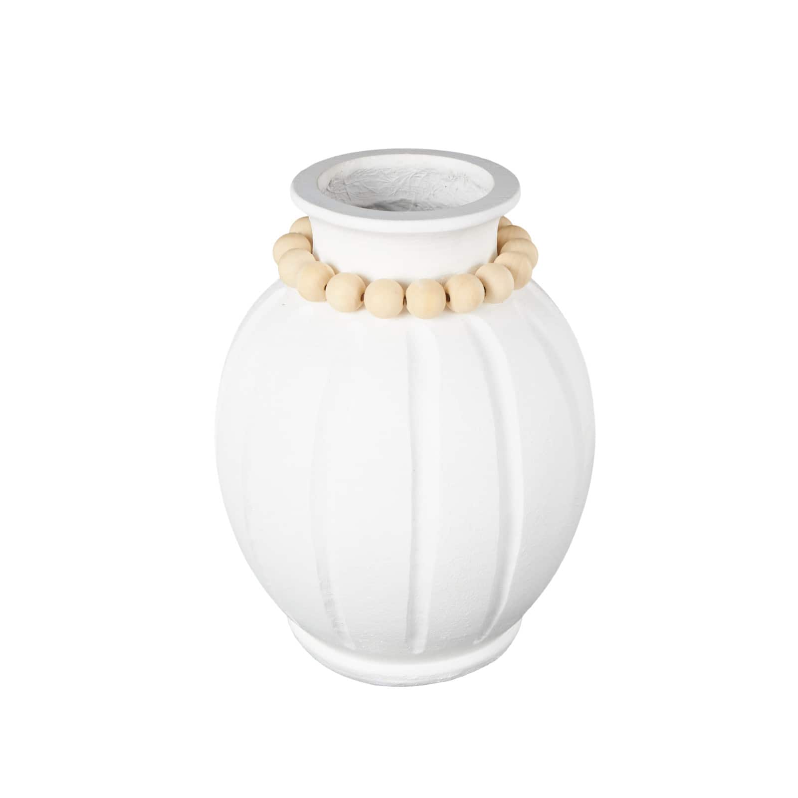 15.25" White with Light Brown Beads & Carved Grooves Decorative Vase
