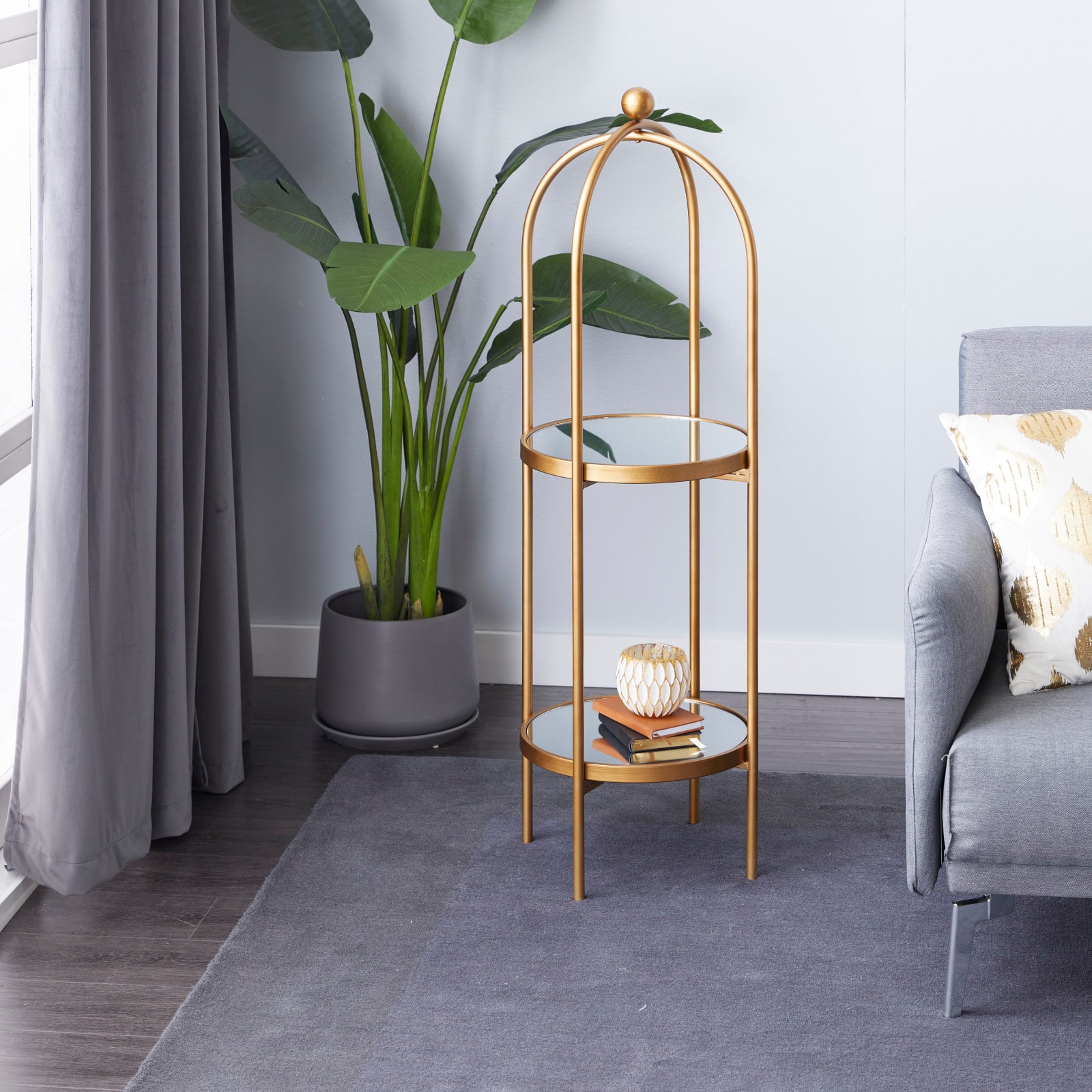 Gold Metal Glam Standing Mirror Shelves, 46" x 16" x 18"