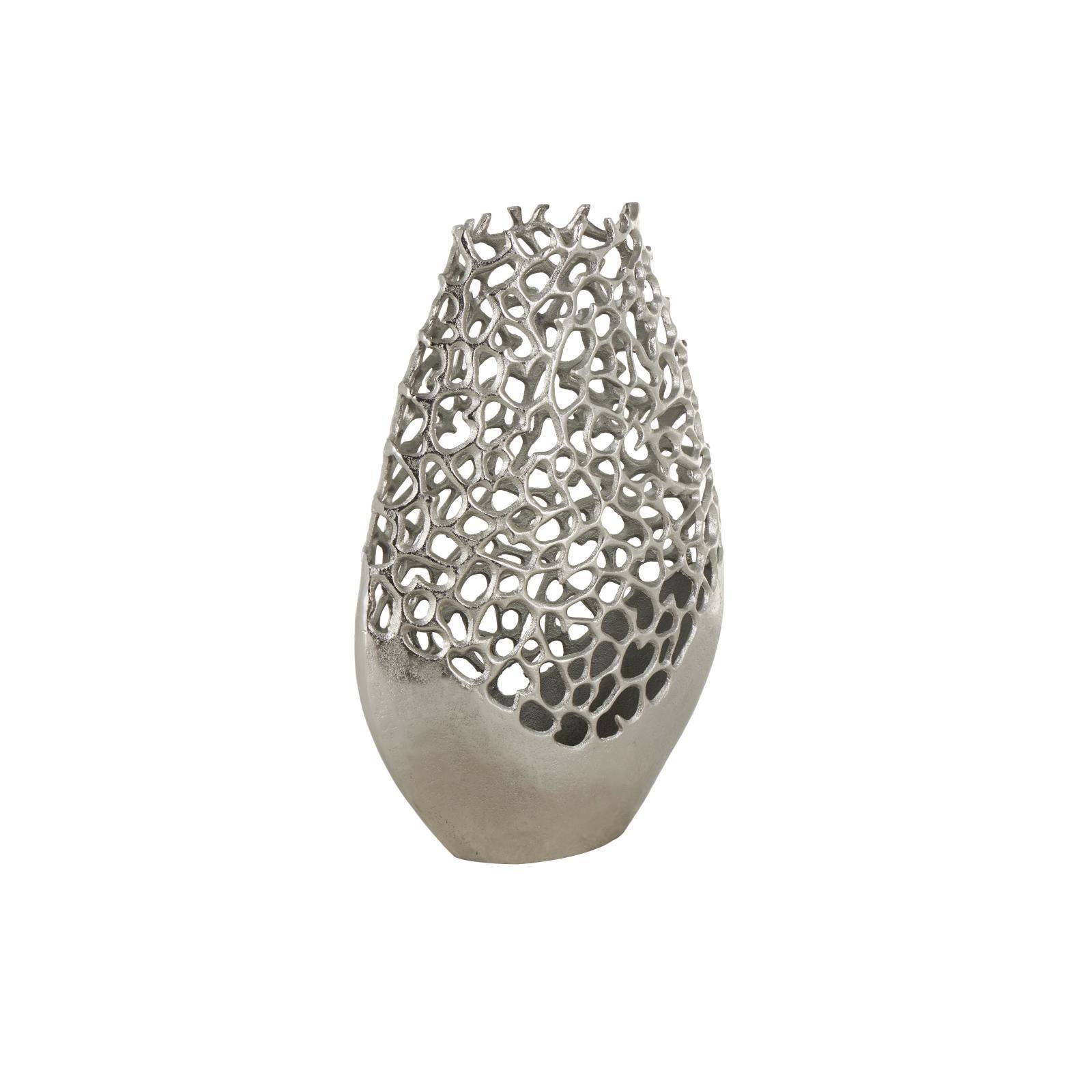 21" Silver Aluminum Metal Rounded Vase with Freeform Open Lattice Work