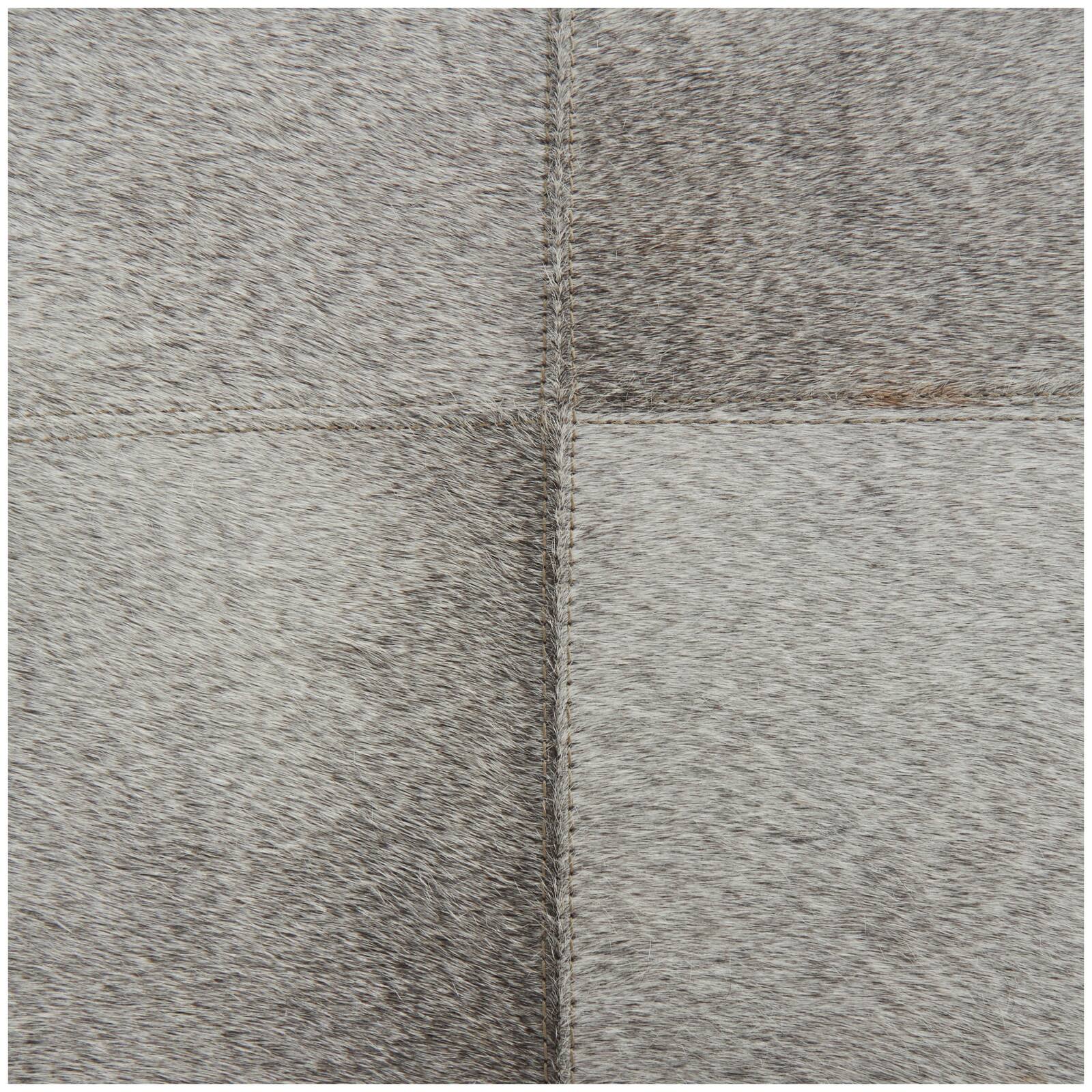 17" Gray Leather Patchwork Pouf with Silver Metal Base