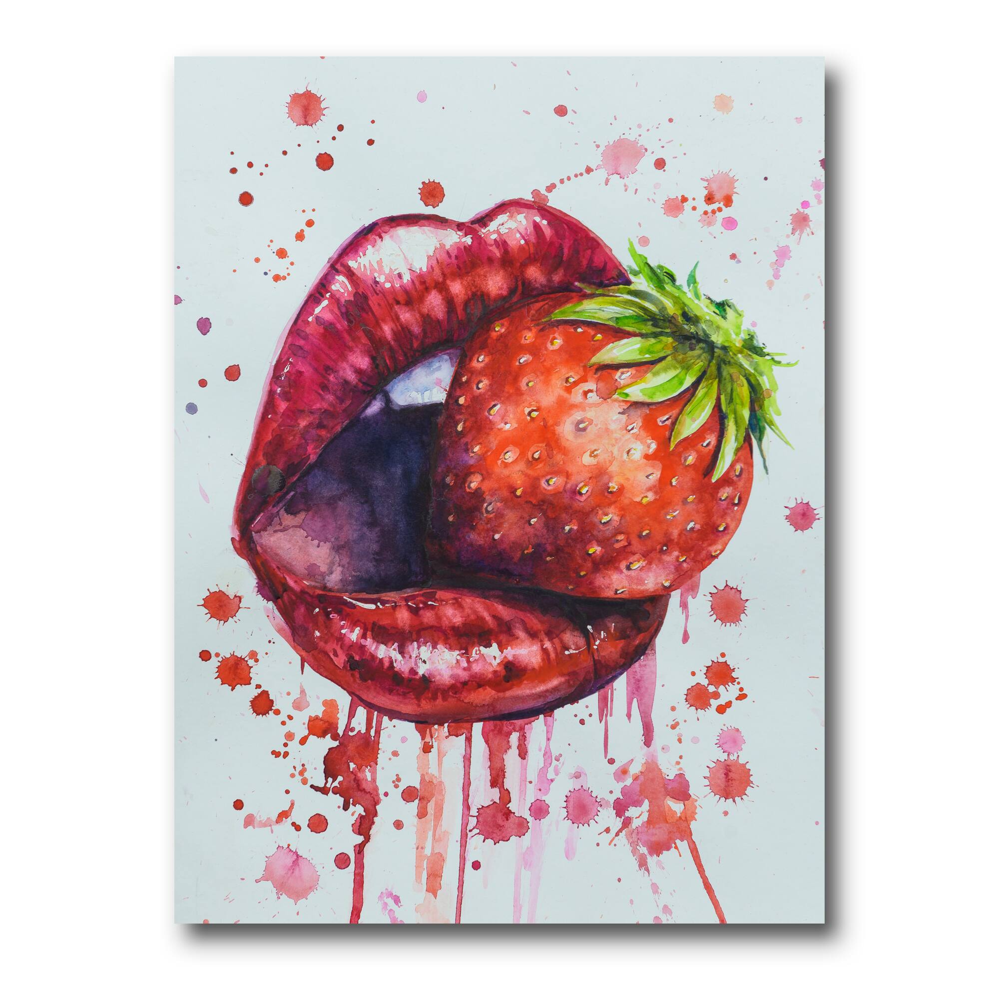 Designart - Red Woman Lips Eating A Strawberry - Modern Canvas Wall Art Print