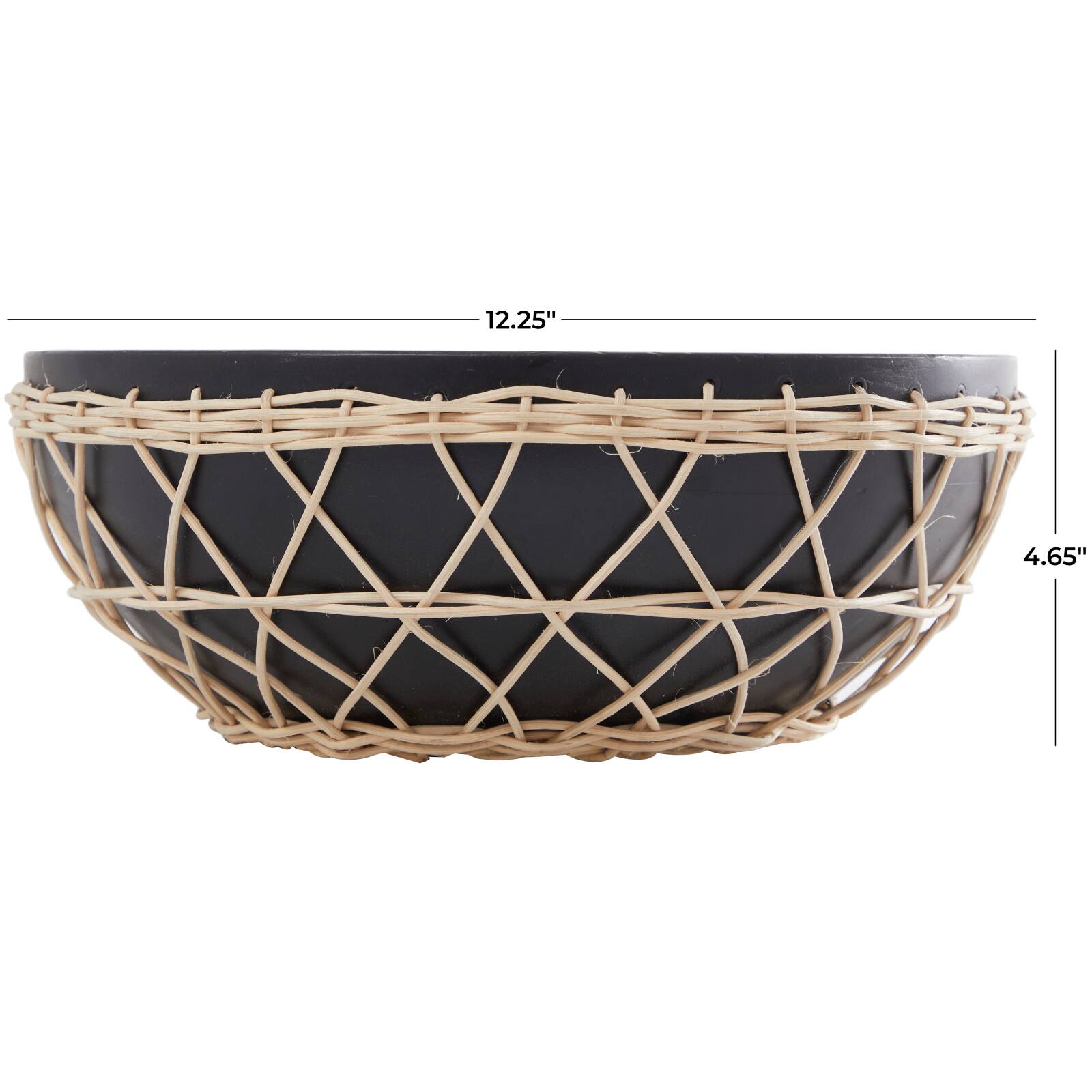12" Black Mango Wood Handmade Decorative Bowl with Woven Rope Accents